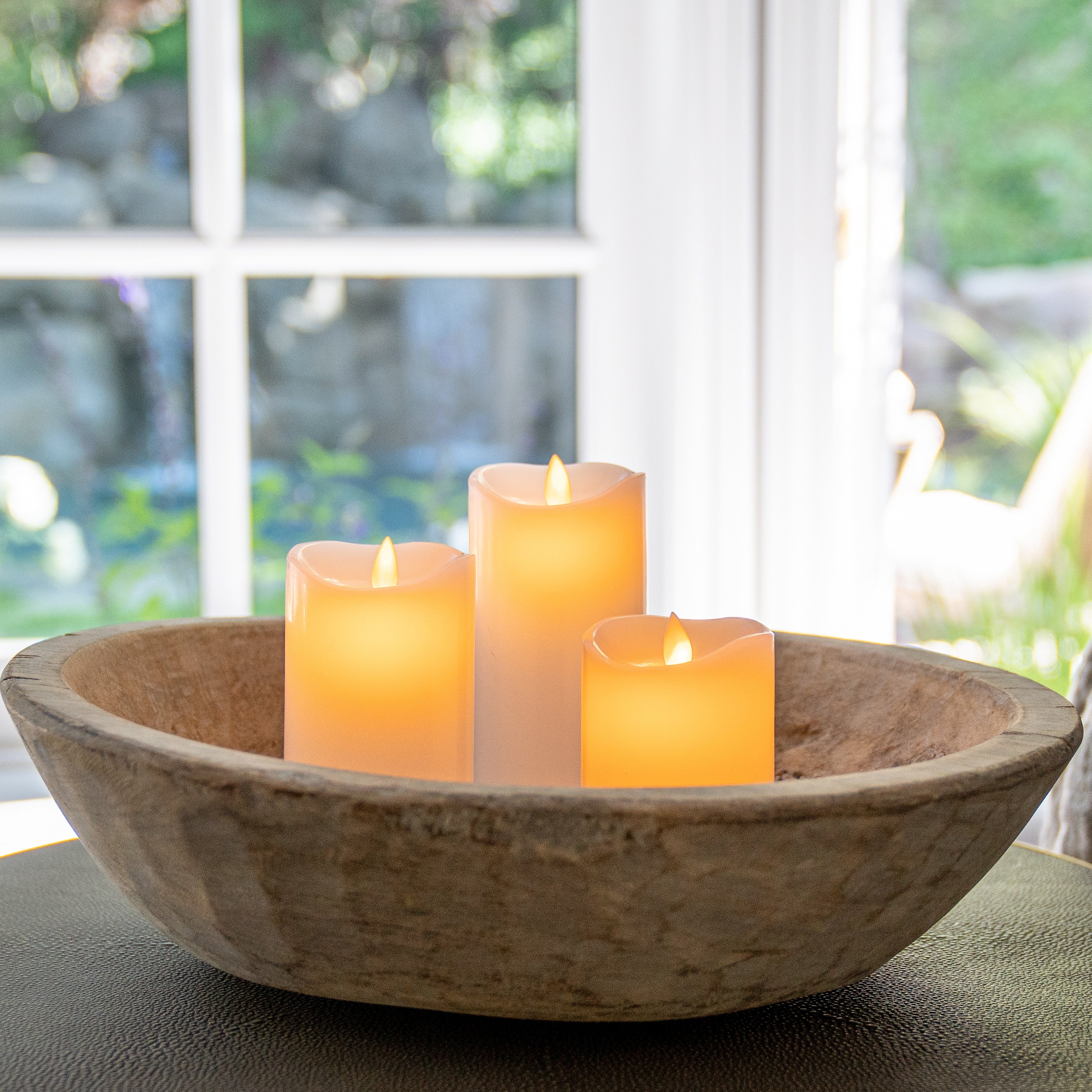 Antique Wooden Dough Bowl and Flameless Candle Set - Paz Lifestyle