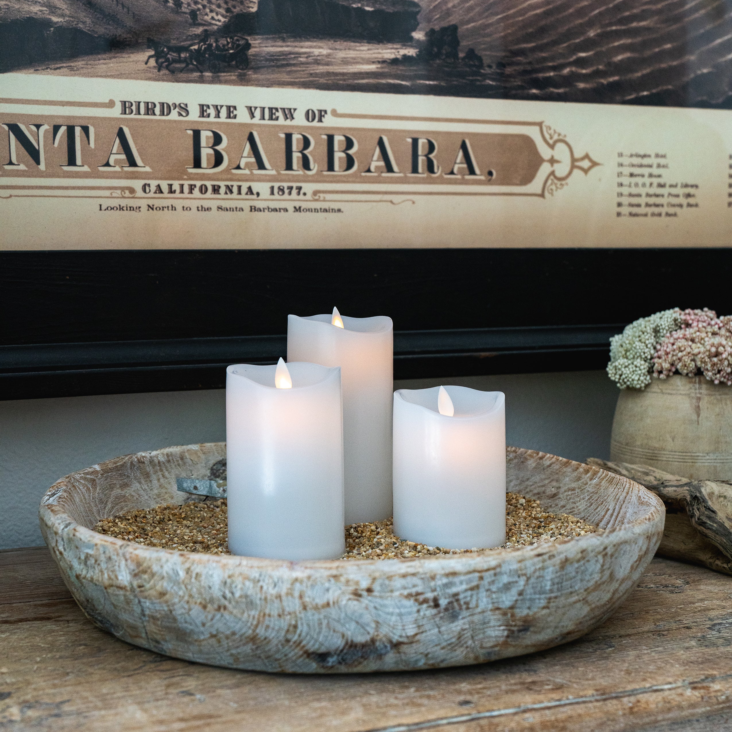 Antique Wooden Dough Bowl and Flameless Candle Set - Paz Lifestyle