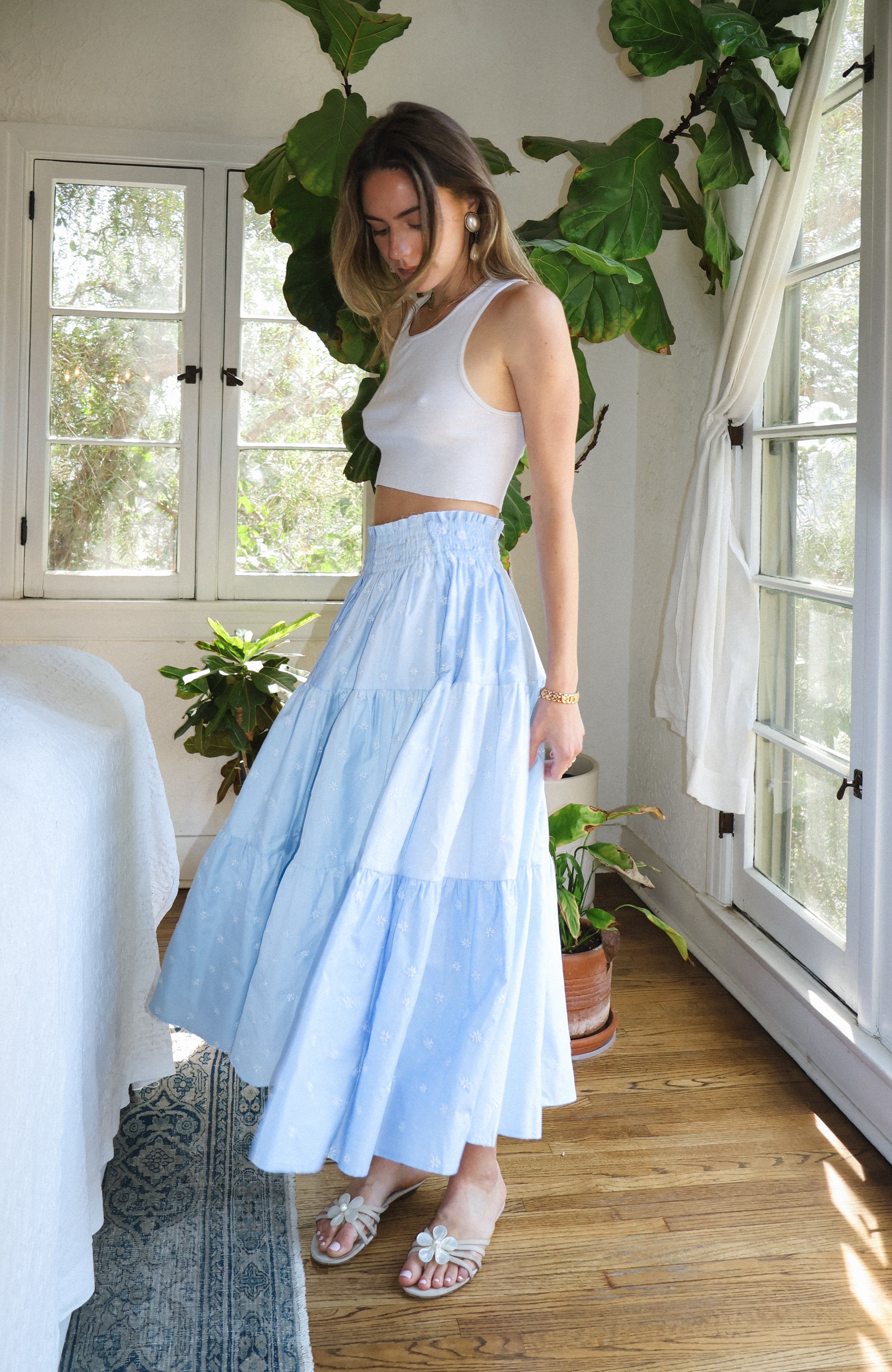 Maria Teresa Skirt, Sky Blue Floral Embroidery - Paz Lifestyle