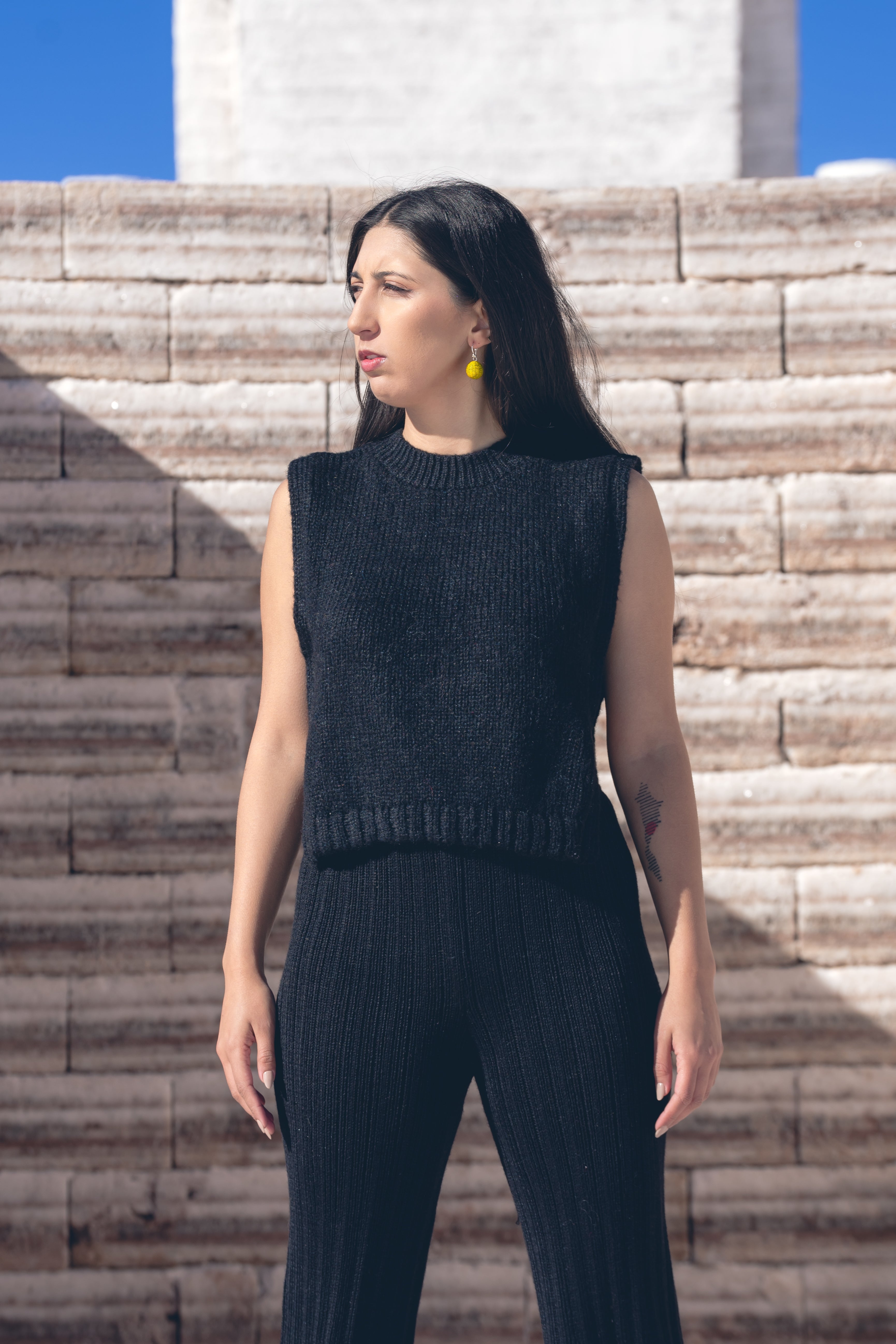 Munasiri Llama Vest — hand-knitted llama wool vest, timeless layering piece inspired by the Aymara word for love, handmade in Bolivia.