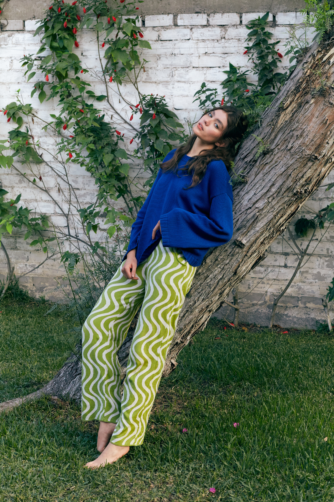 WAVY COTTON JACQUARD KNIT PANTS - GREEN & WHITE - Paz Lifestyle 