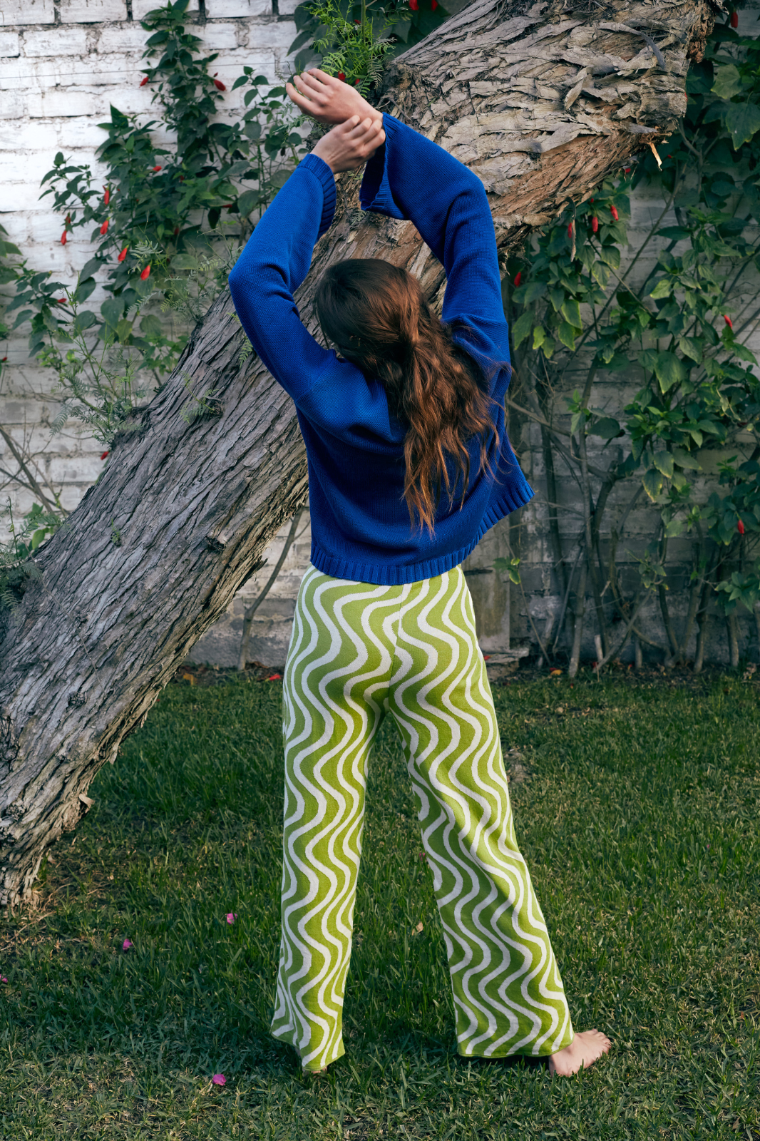 WAVY COTTON JACQUARD KNIT PANTS - GREEN & WHITE - Paz Lifestyle 