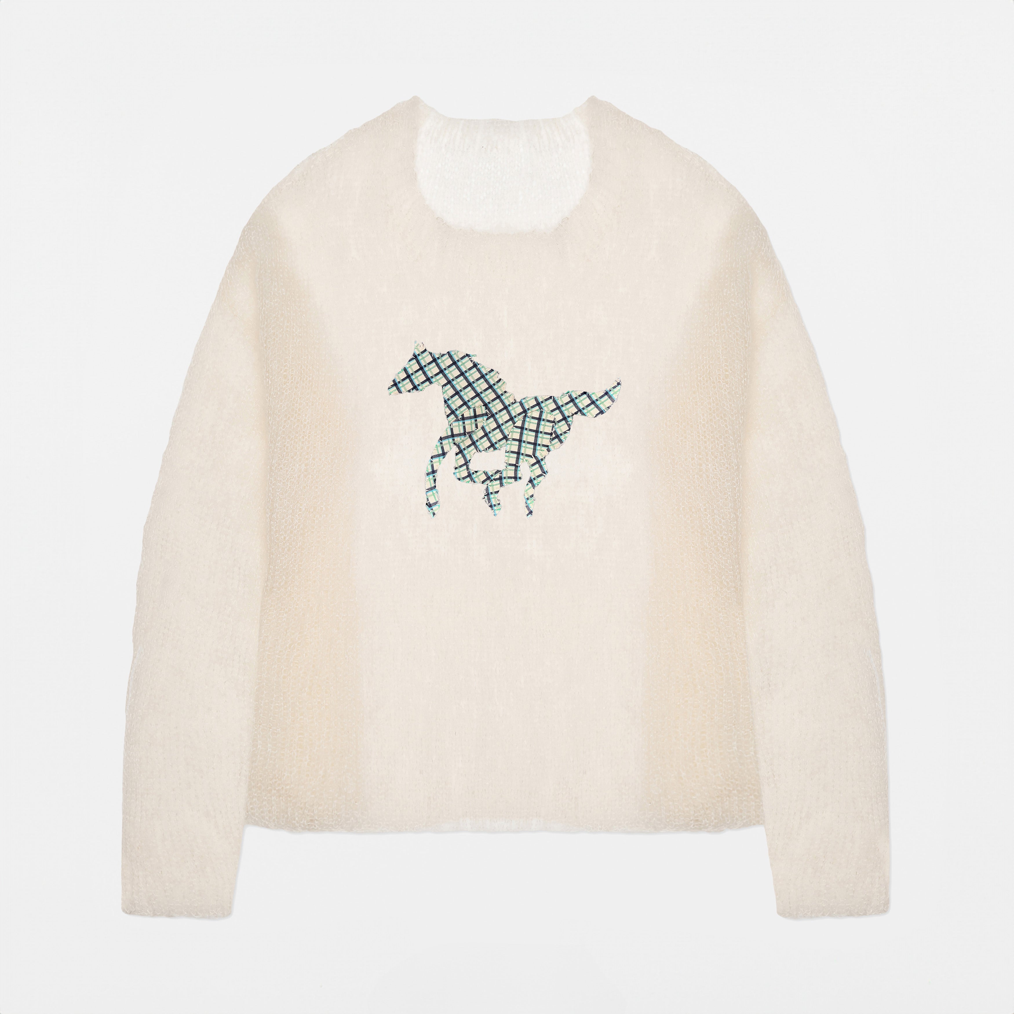 Cream Mohair Handknit Pullover with Plaid Pony - Paz Lifestyle 