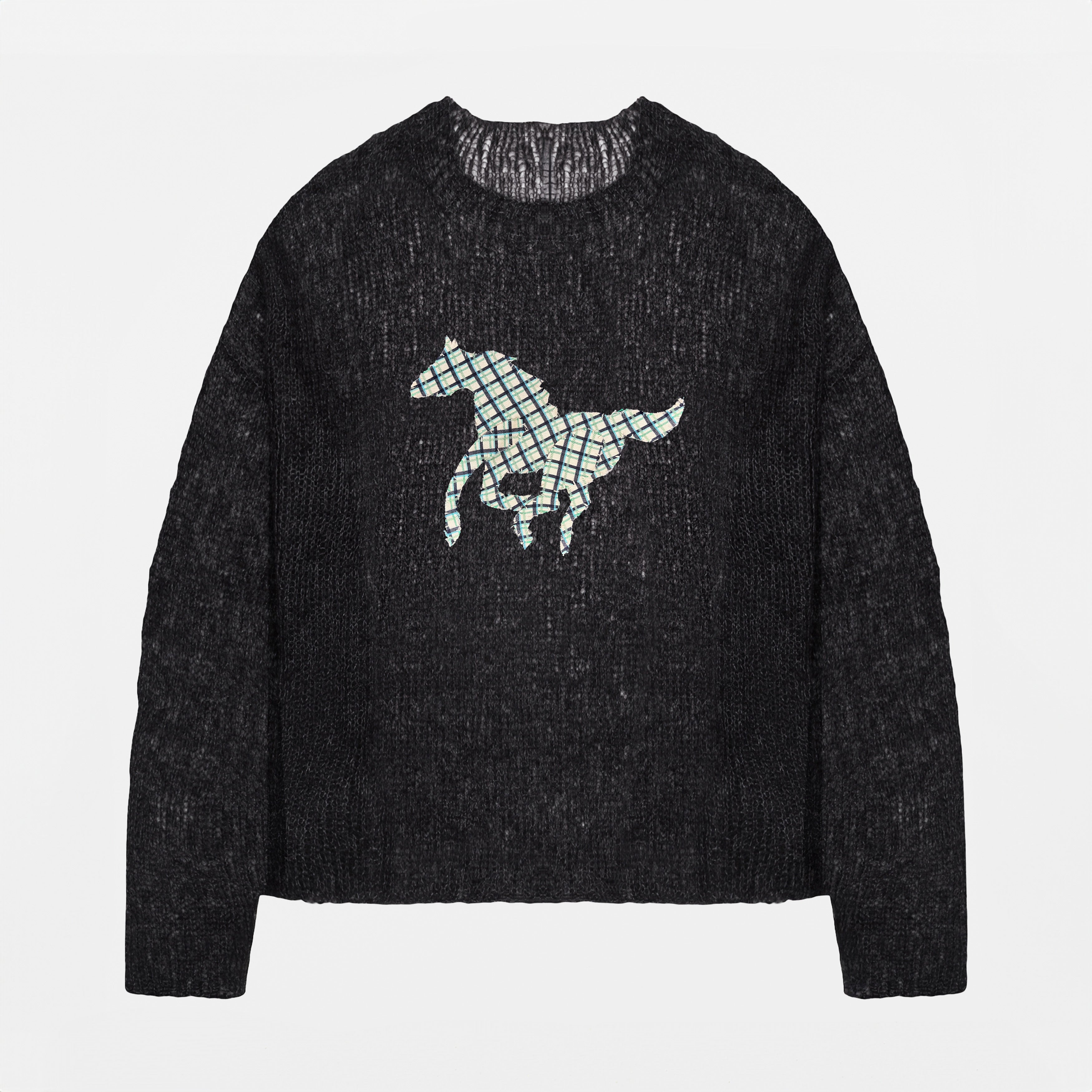 Black Mohair Handknit Pullover with Plaid Pony - Paz Lifestyle 