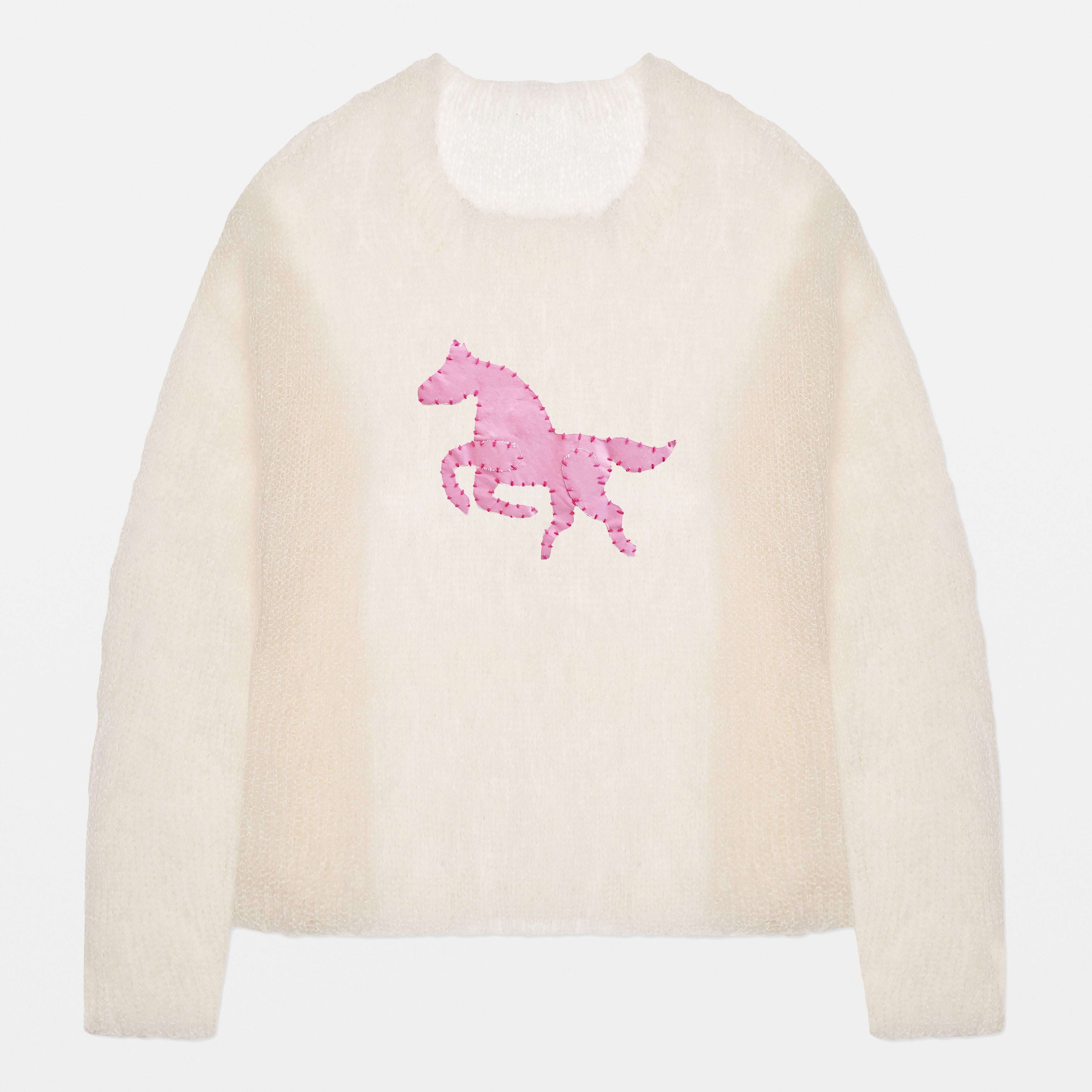 Cream Mohair Handknit Pullover with Pink Pony - Paz Lifestyle 