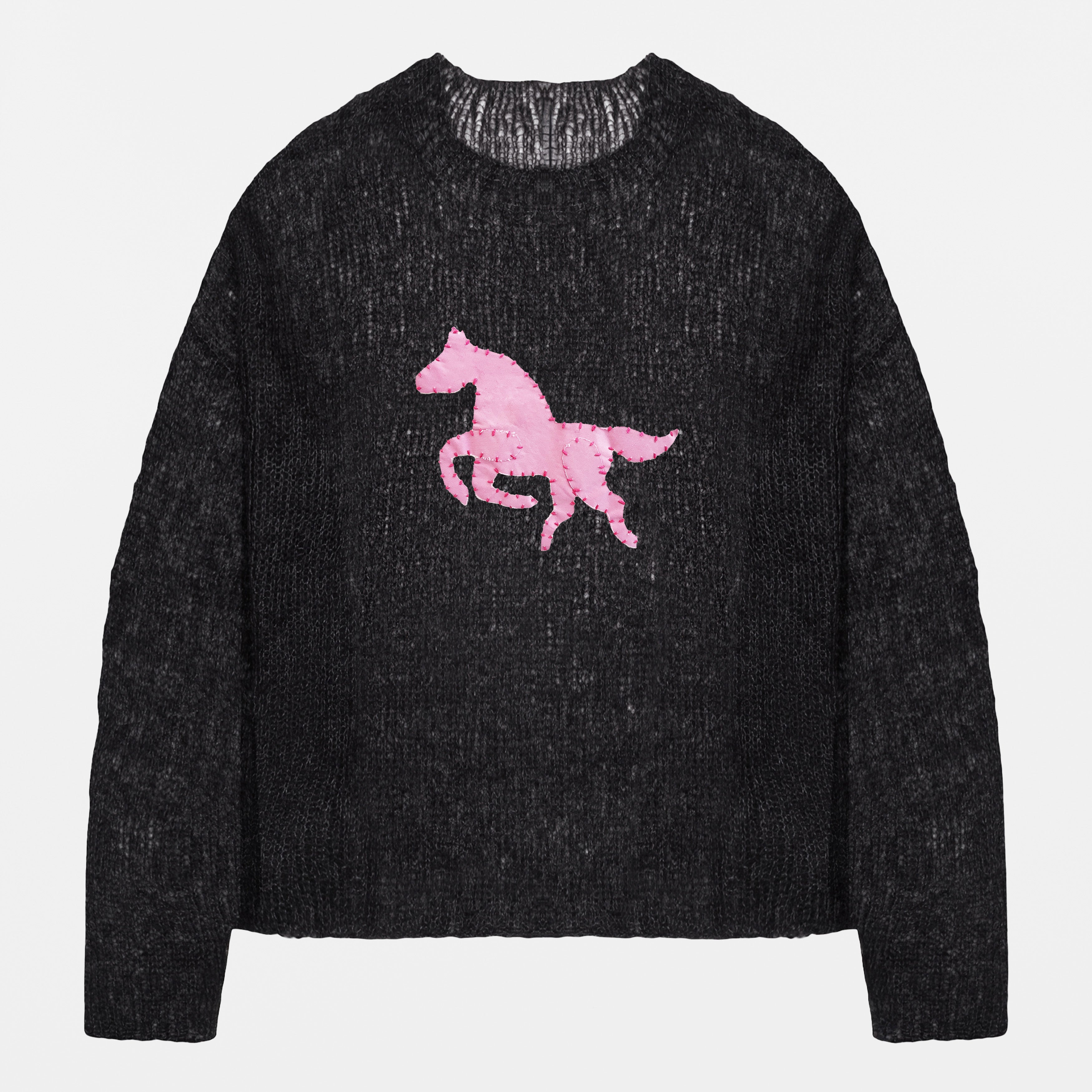 Black Mohair Handknit Pullover with Pink Pony - Paz Lifestyle 
