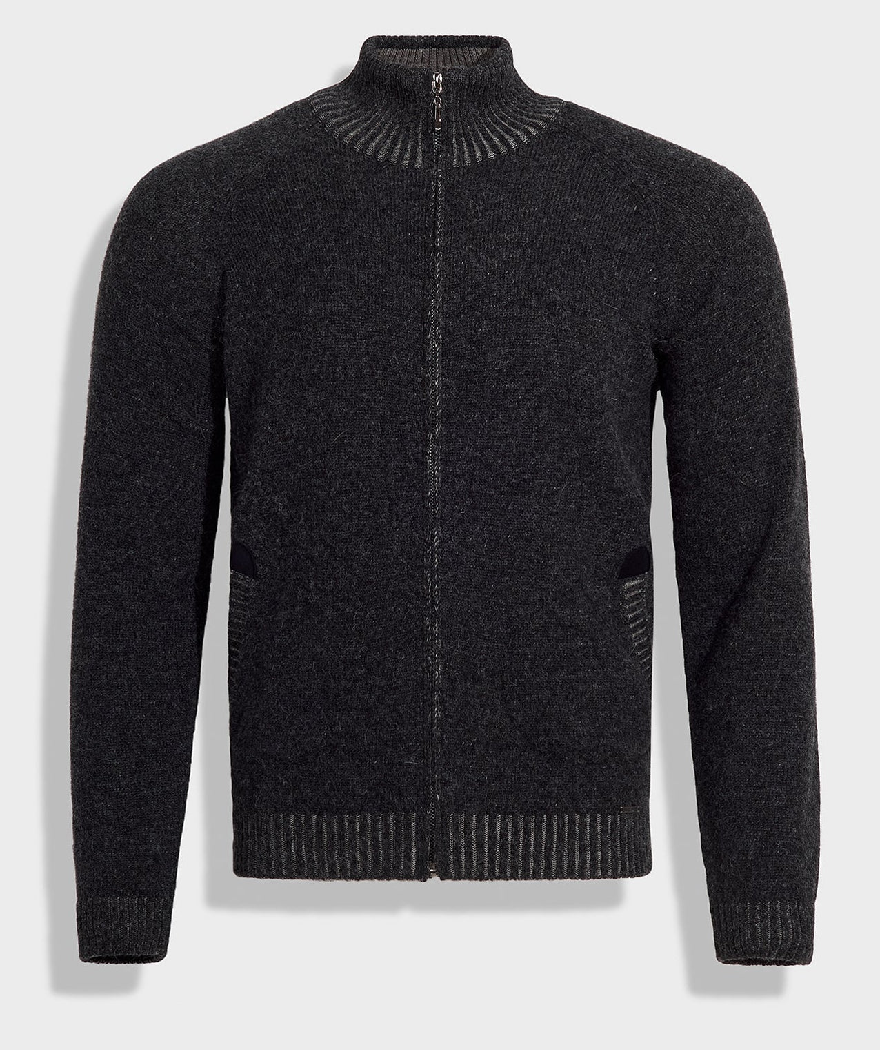 Dark gray zip-up sweater on a light gray background