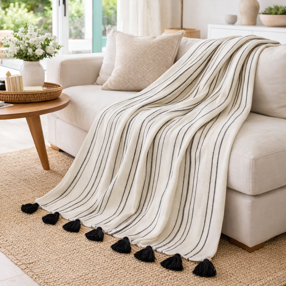 Handloomed 100% Alpaca Throw Blanket - Ink & Ivory Pinstripe - Miska Collection