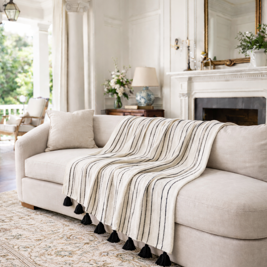 Handloomed 100% Alpaca Throw Blanket - Ink & Ivory Pinstripe - Miska Collection