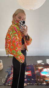 Cropped Cotton Quilted Jacket - Red Orange Psychedelic Floral - Paz Lifestyle 