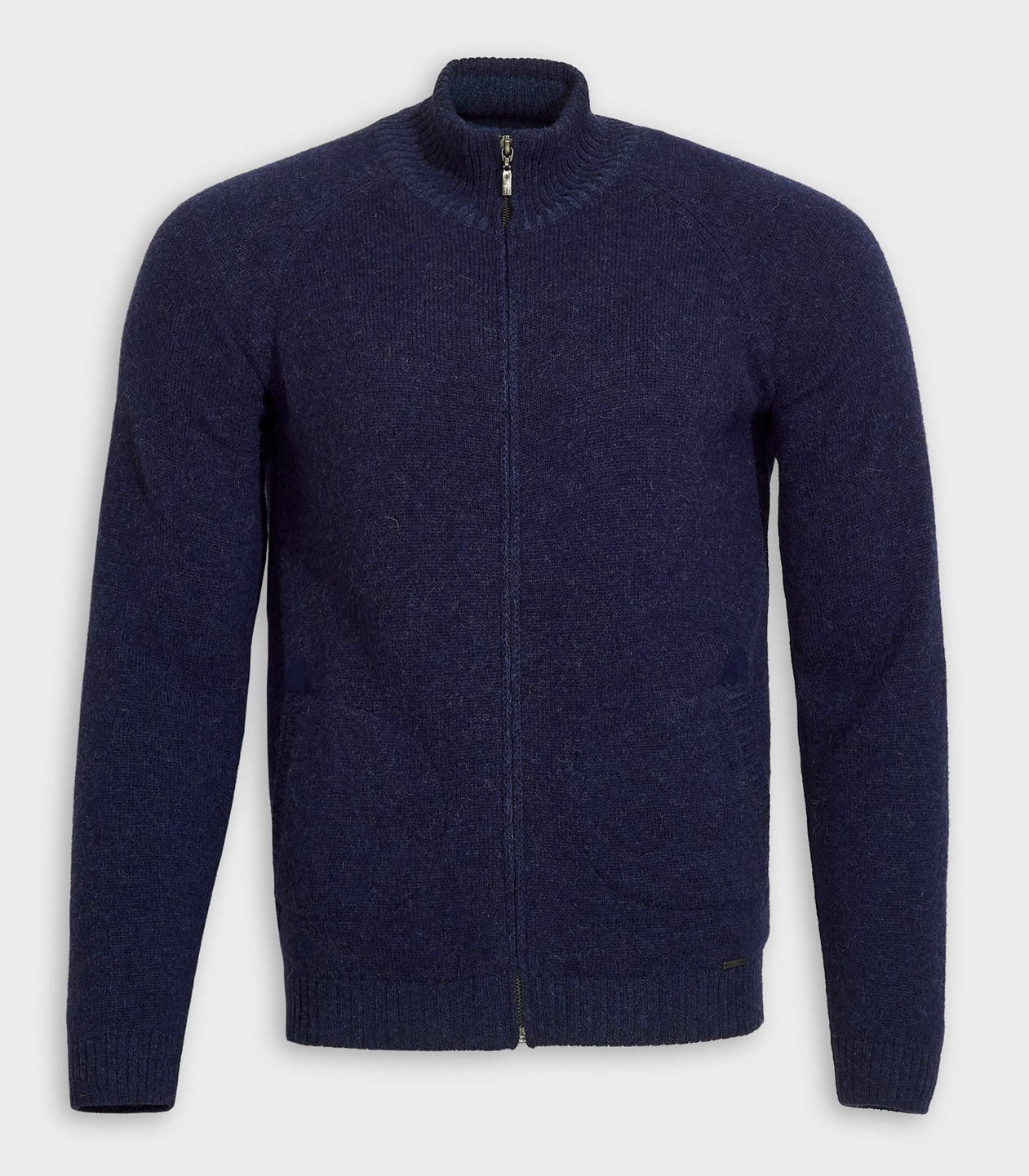 Navy blue zip-up sweater on a white background