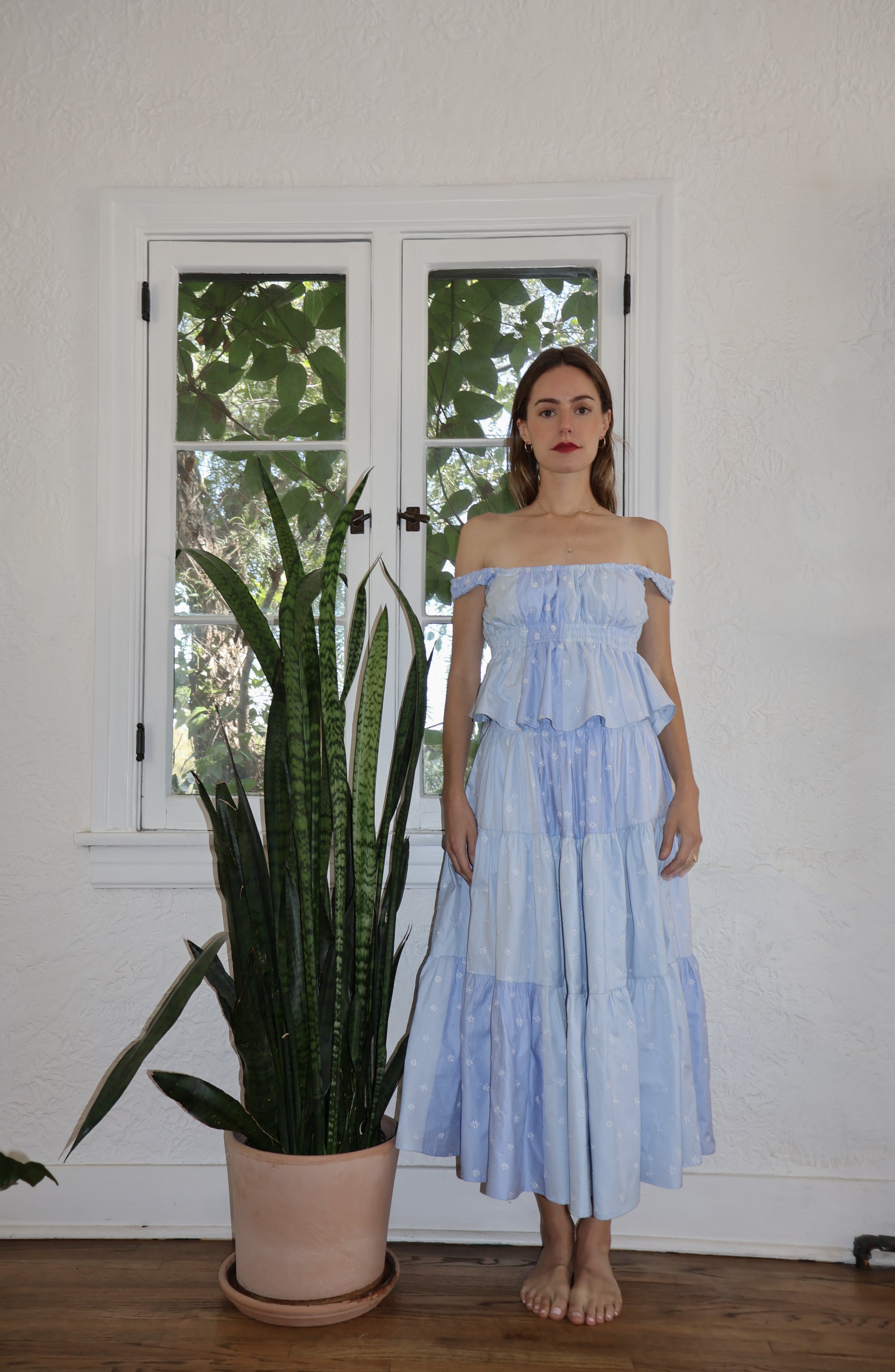Maria Teresa Skirt, Sky Blue Floral Embroidery - Paz Lifestyle 