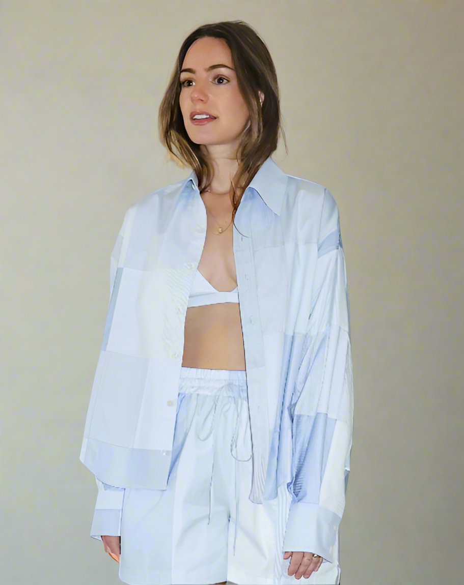 Marcial Button Down Shirt, Sky Blue Patchwork - Paz Lifestyle 