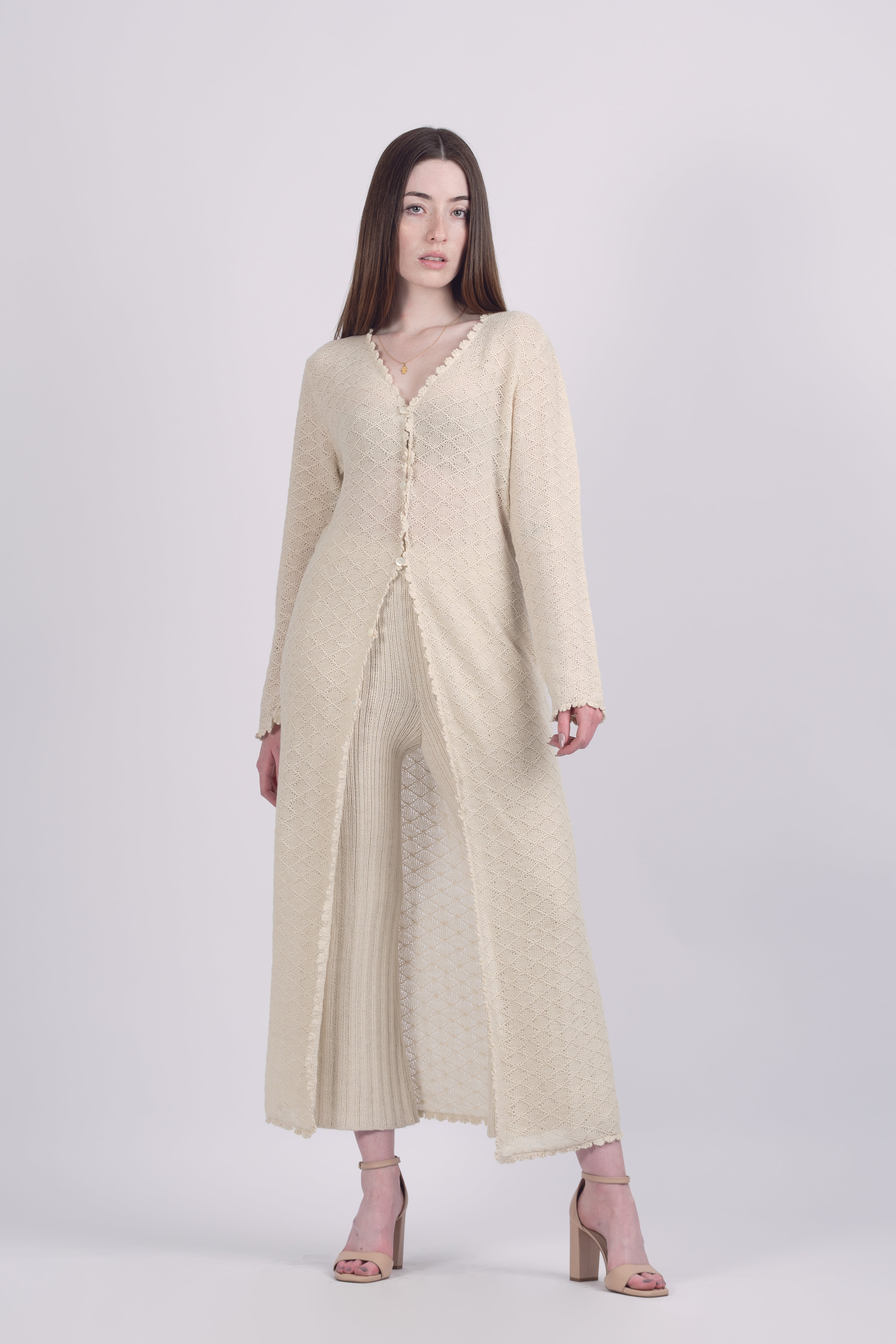 Laru Alpaca Cardigan — lightweight alpaca cardigan with elegant drape, handmade in Bolivia.