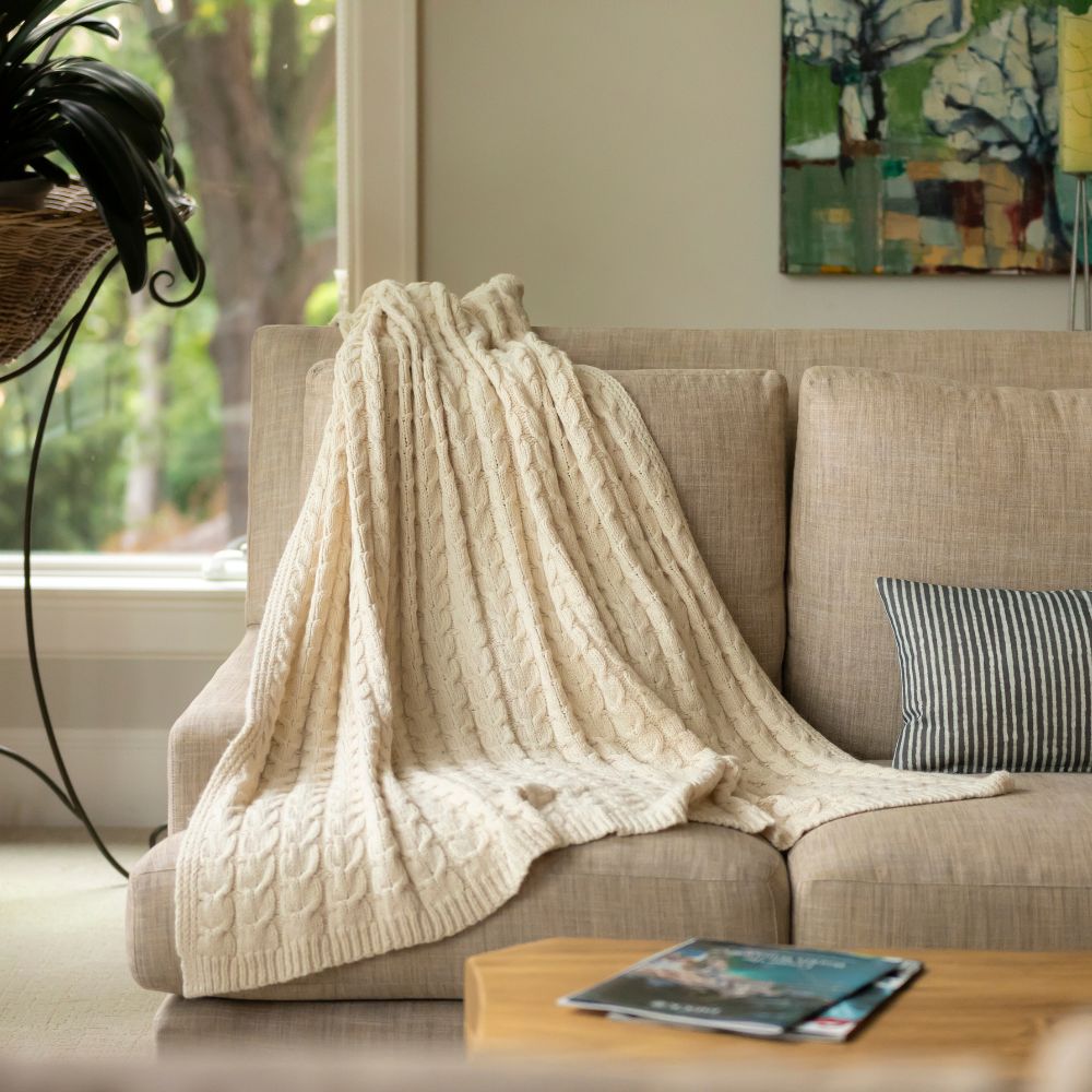 Muru Collection - Handloomed Peruvian Pima Cotton & Undyed Baby Alpaca Ivory Cable Throw Blanket From Peru
