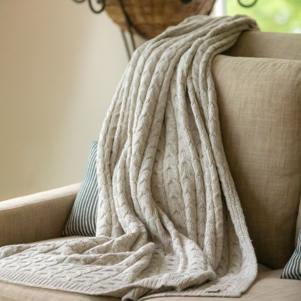 Muru Collection - Handloomed Peruvian Pima Cotton & Undyed Baby Alpaca Silver Gray Cable Throw Blanket From Peru