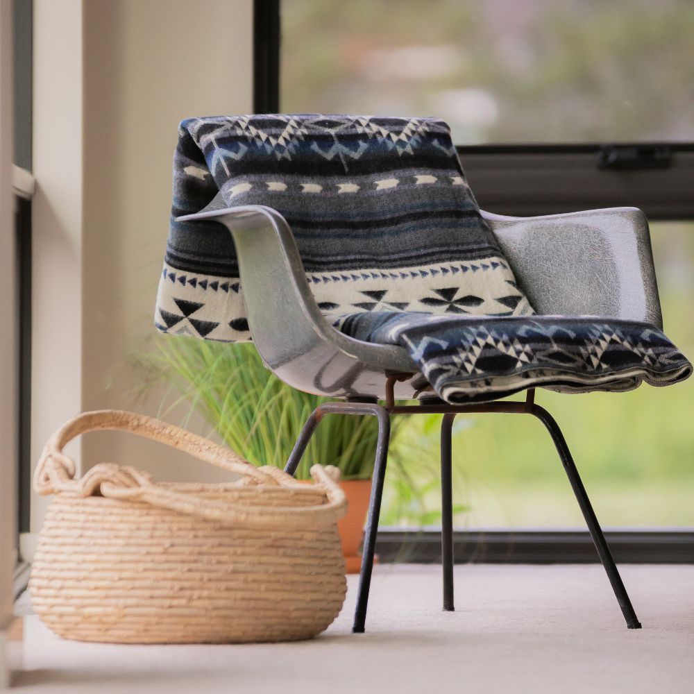 Yachana Collection - Handwoven Reversible Geometric Blue Gray & Cream Alpaca Throw Blanket From Ecuador