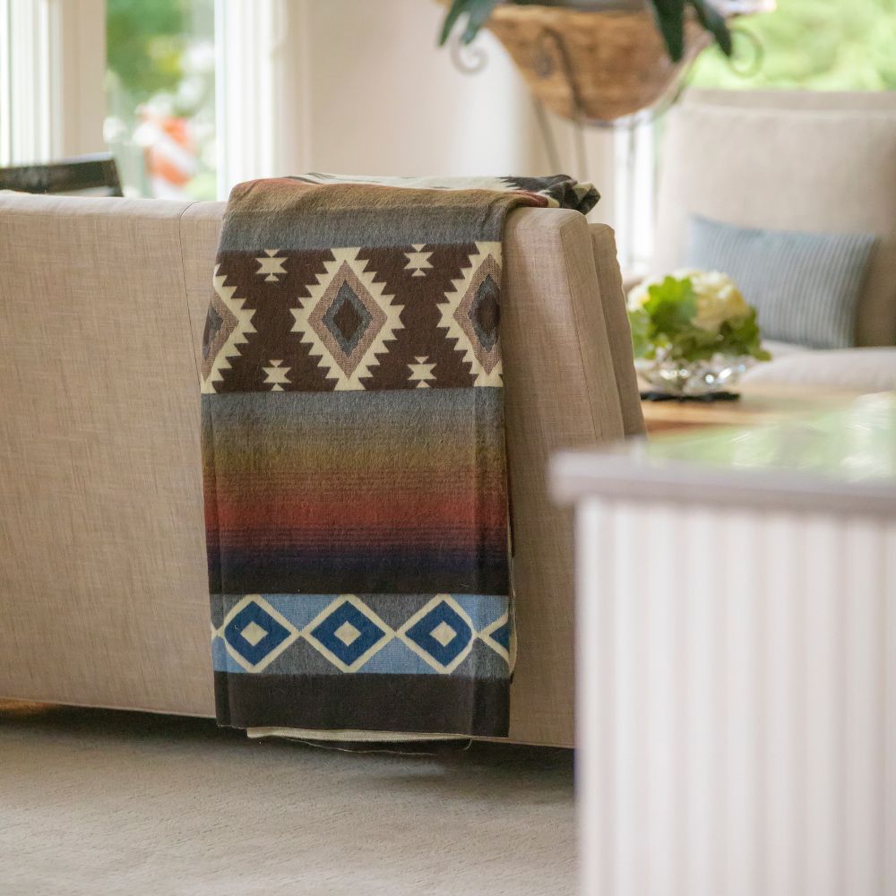 Pacha Collection - Handwoven Sunset Diamond Red Brown Blue & Cream Alpaca Throw Blanket From Ecuador