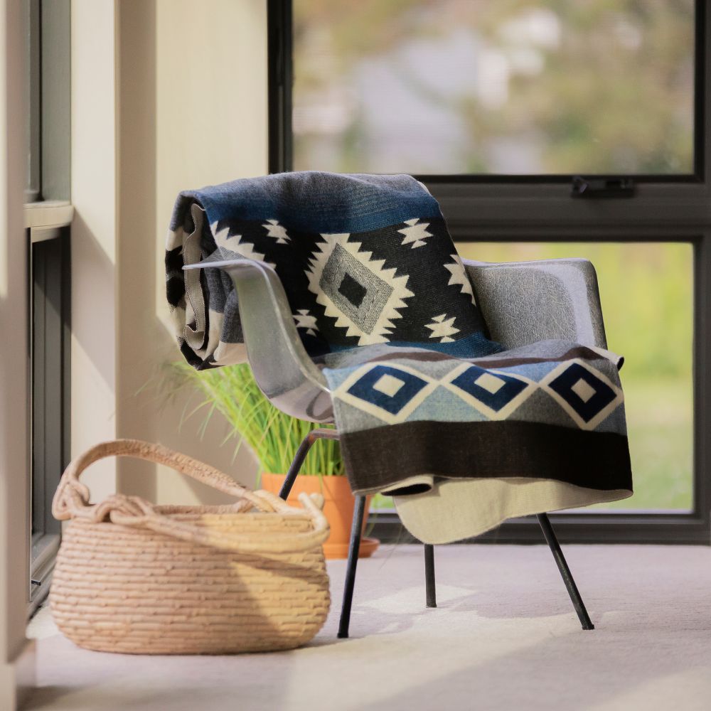 Pacha Collection - Handwoven Diamond Dark Blue Gray & Black Alpaca Throw Blanket From Ecuador
