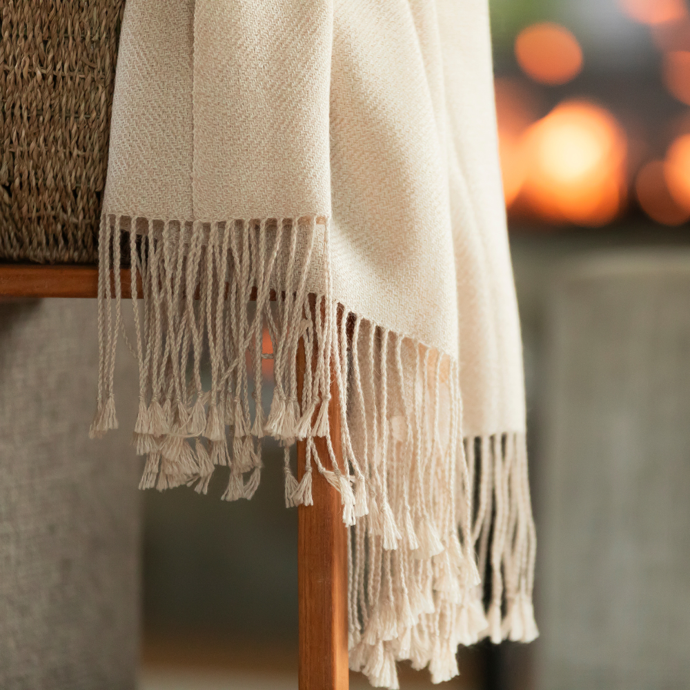 Wasi Collection - Handloomed 100% Undyed Baby Alpaca Ivory Mist Throw Blanket From Peru