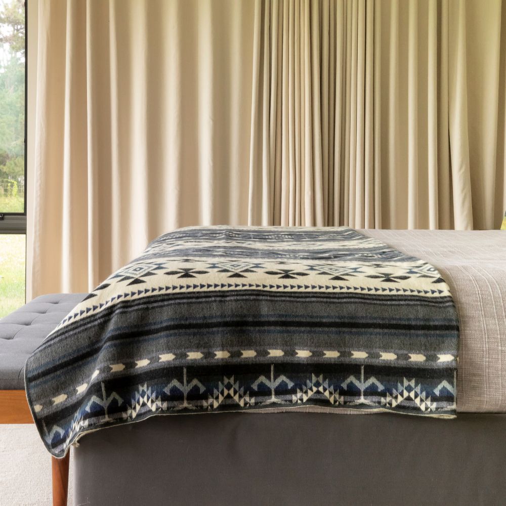 Yachana Collection - Handwoven Reversible Geometric Blue Gray & Cream Alpaca Throw Blanket From Ecuador