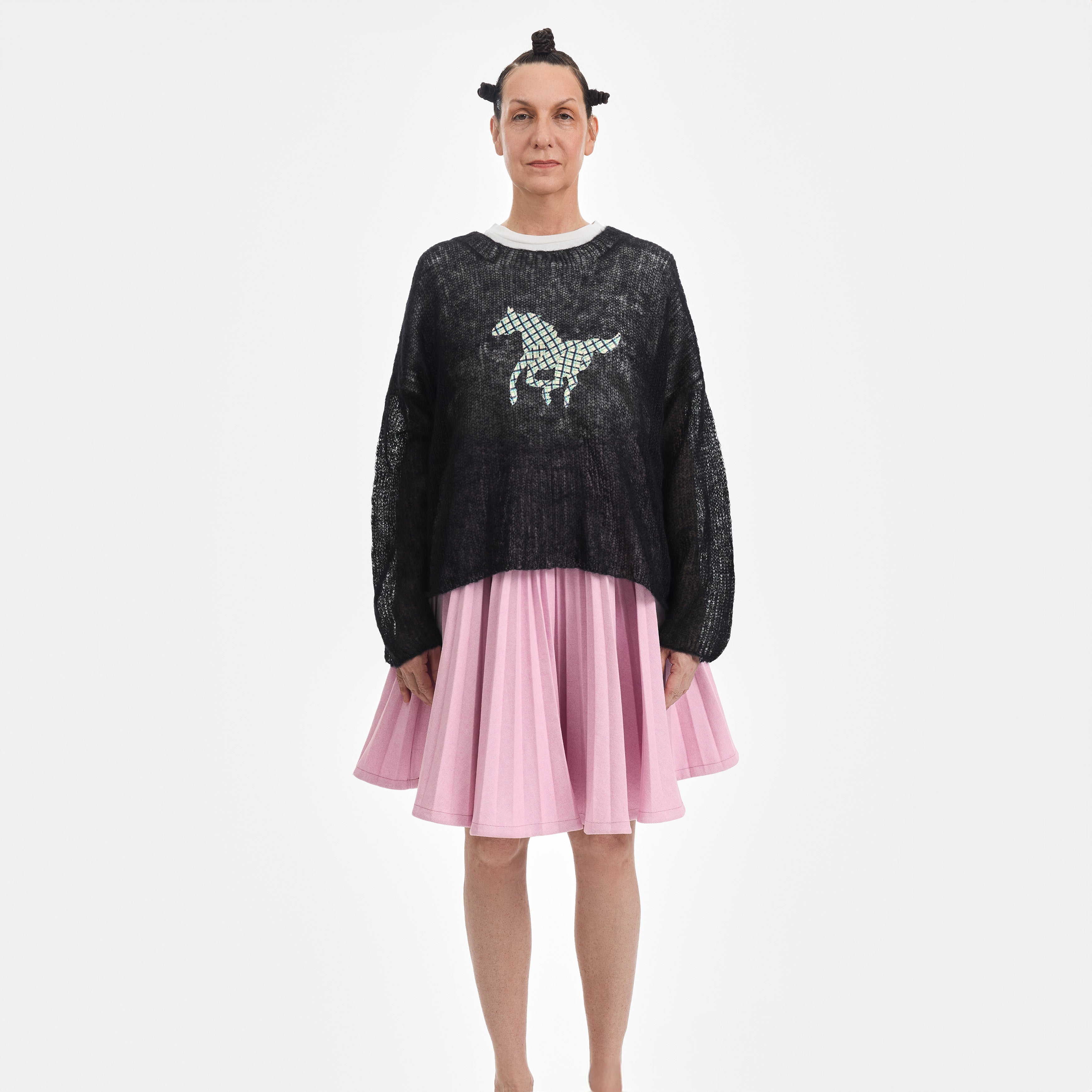 Black Mohair Handknit Pullover with Plaid Pony - Paz Lifestyle 