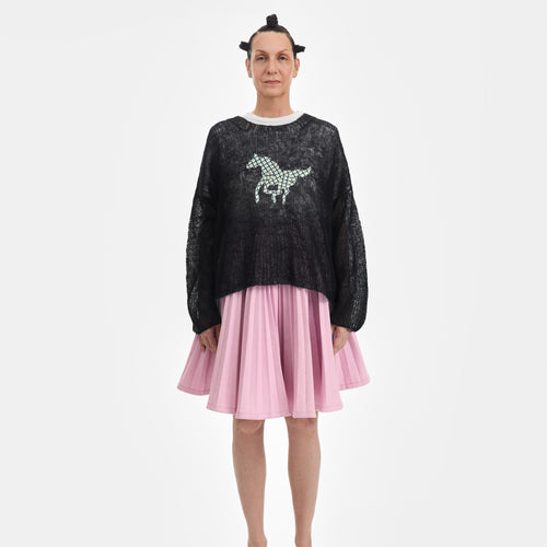 Black Mohair Handknit Pullover with Plaid Pony - Paz Lifestyle 