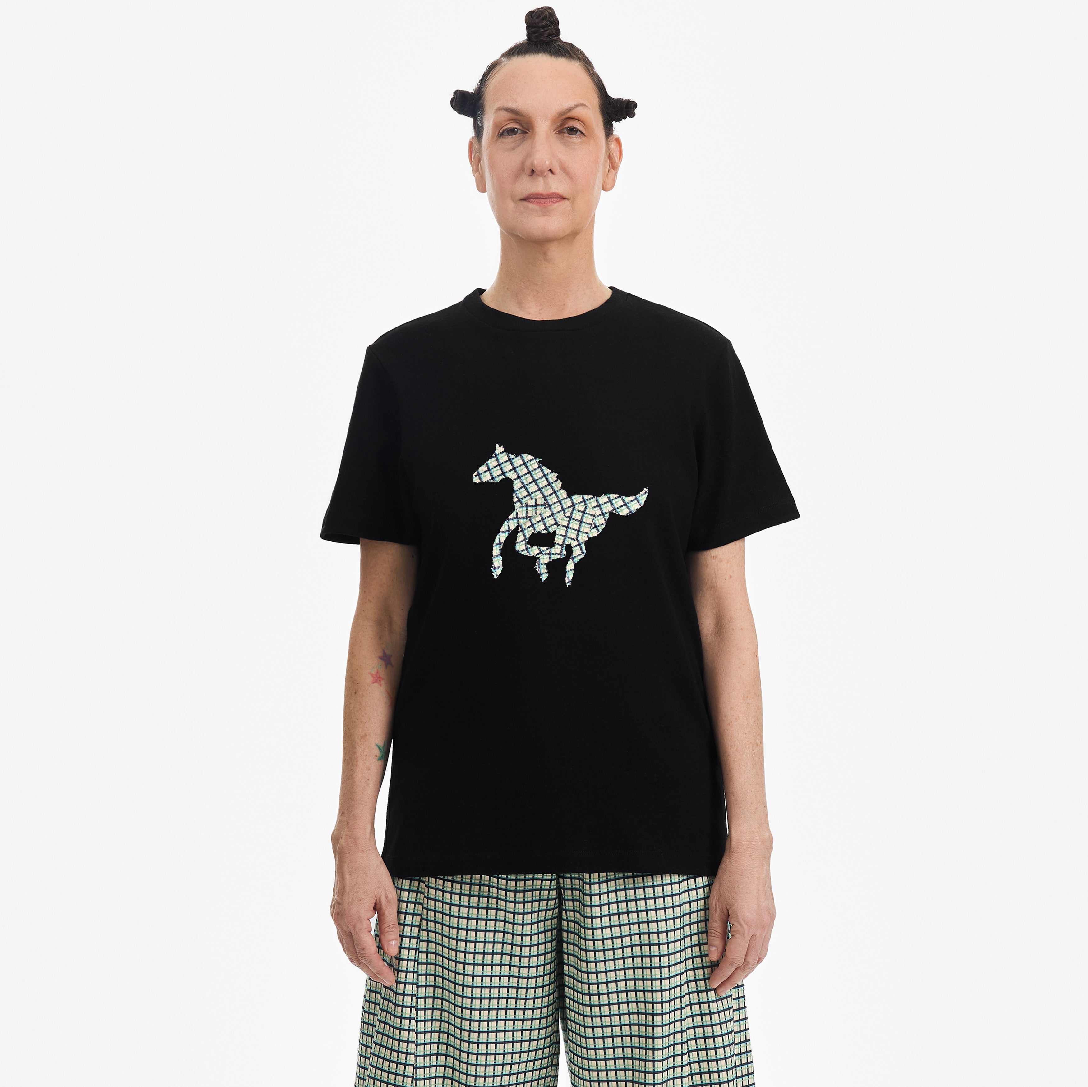 Black Classic T-Shirt with Plaid Pony Patch - Paz Lifestyle 
