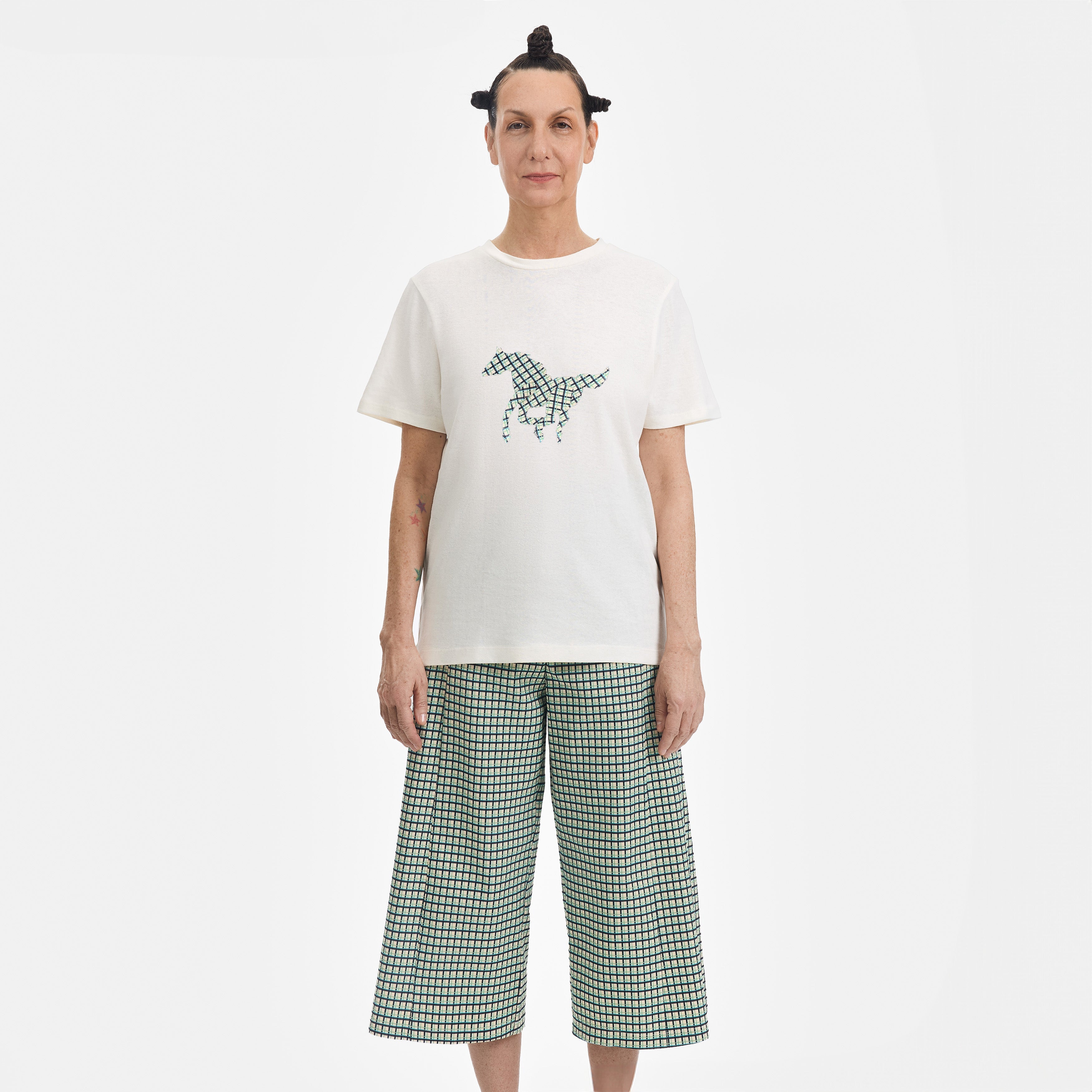 White T-Shirt with Plaid Pony Patch - Paz Lifestyle 