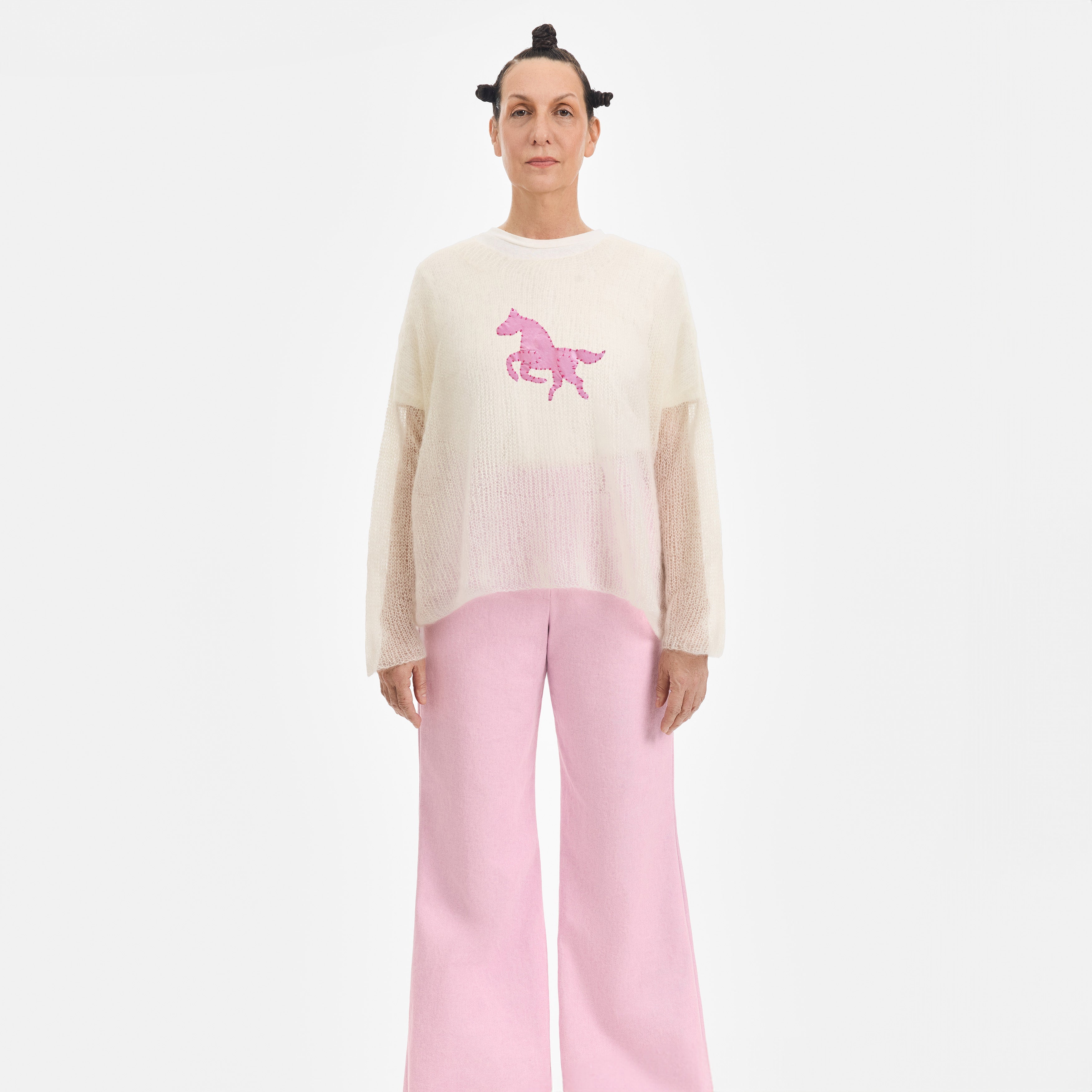Cream Mohair Handknit Pullover with Pink Pony - Paz Lifestyle 