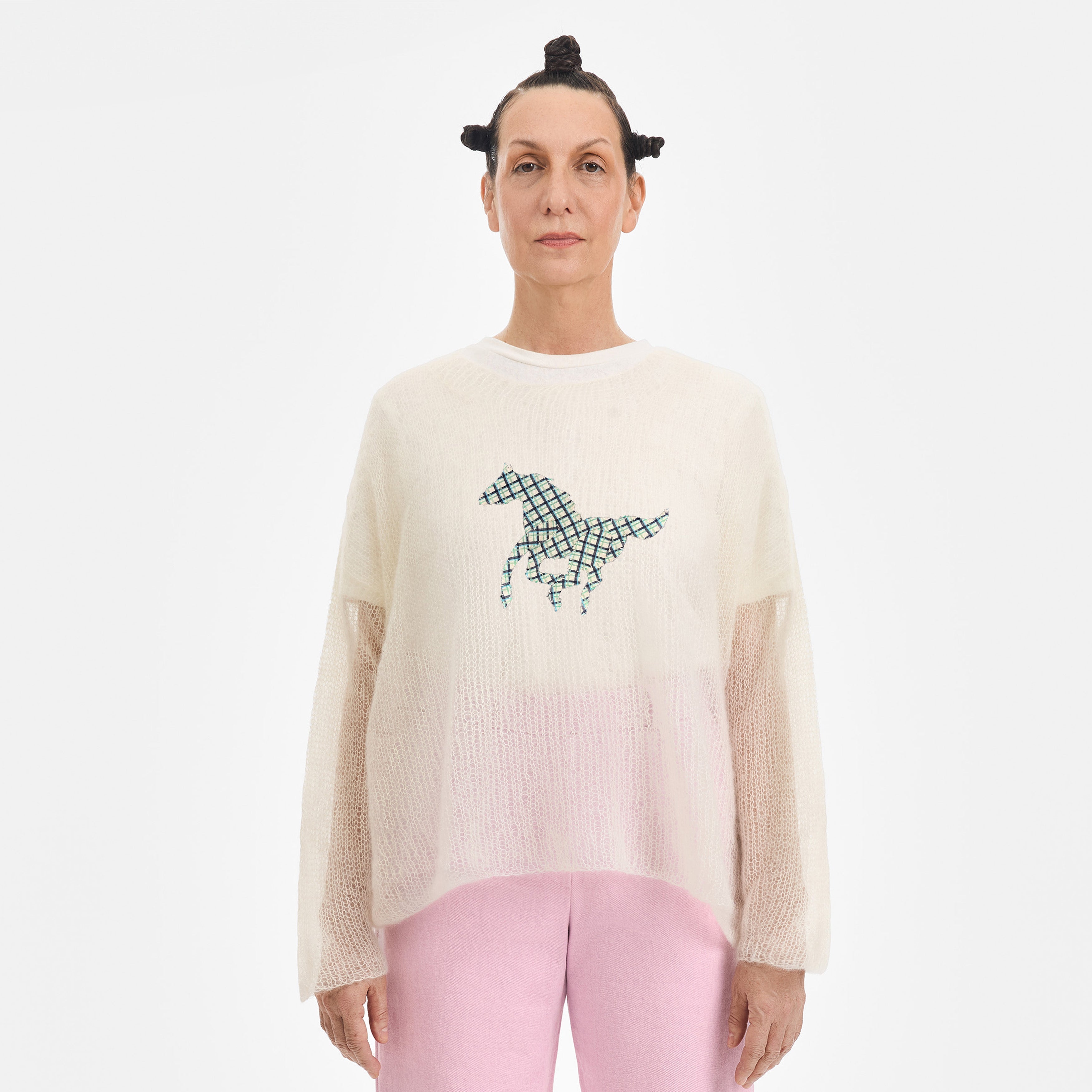 Cream Mohair Handknit Pullover with Plaid Pony - Paz Lifestyle 