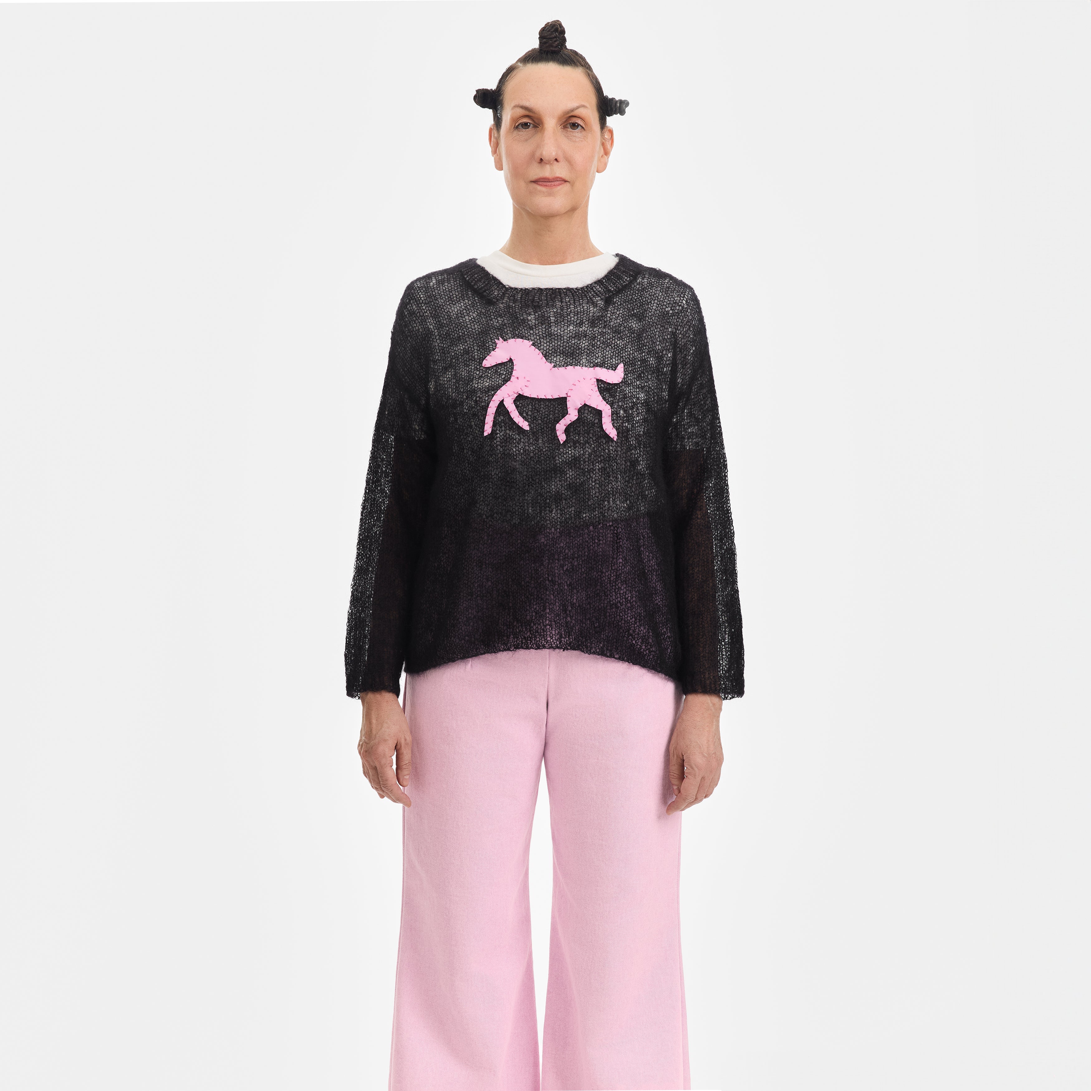 Black Mohair Handknit Pullover with Pink Pony - Paz Lifestyle 