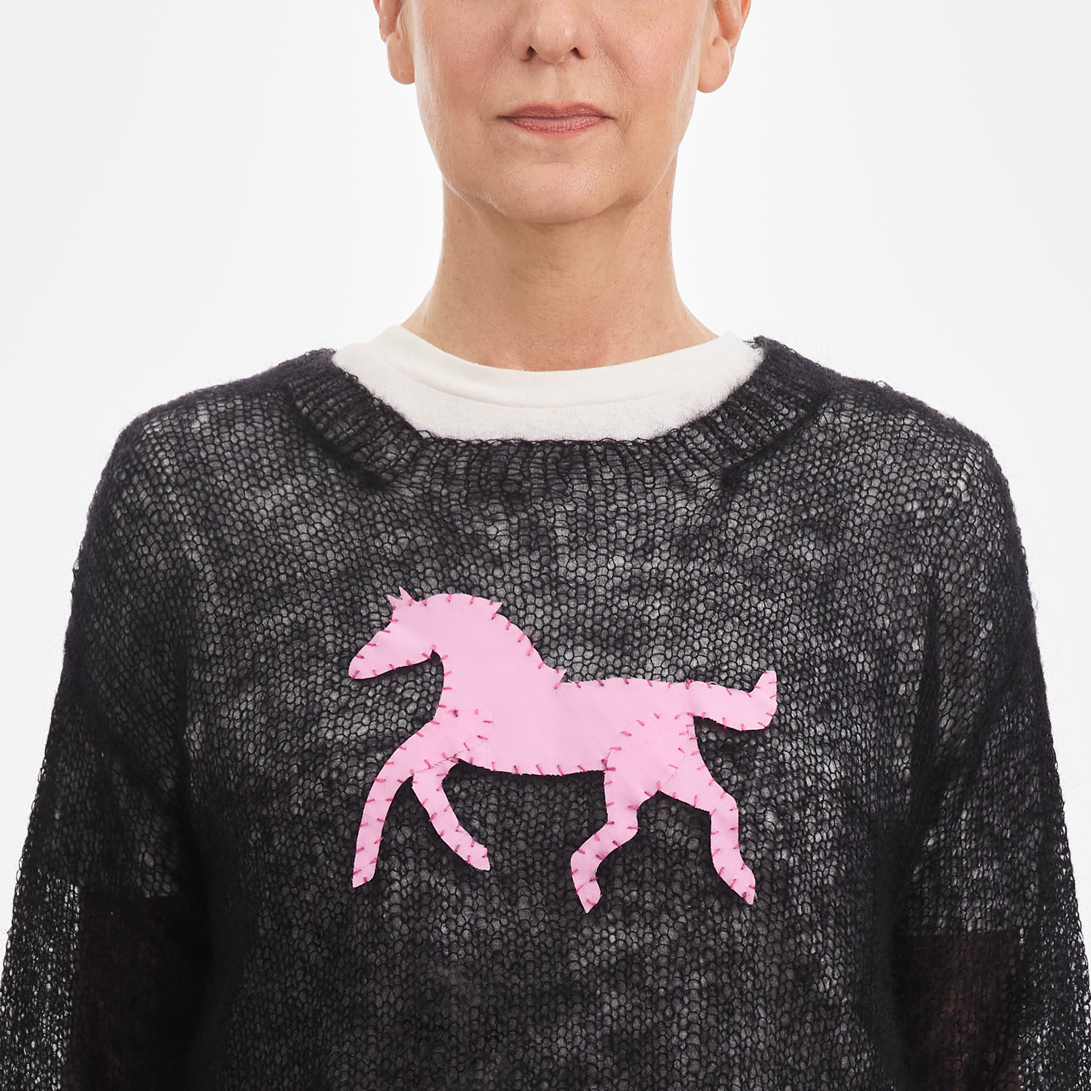 Black Mohair Handknit Pullover with Pink Pony - Paz Lifestyle 