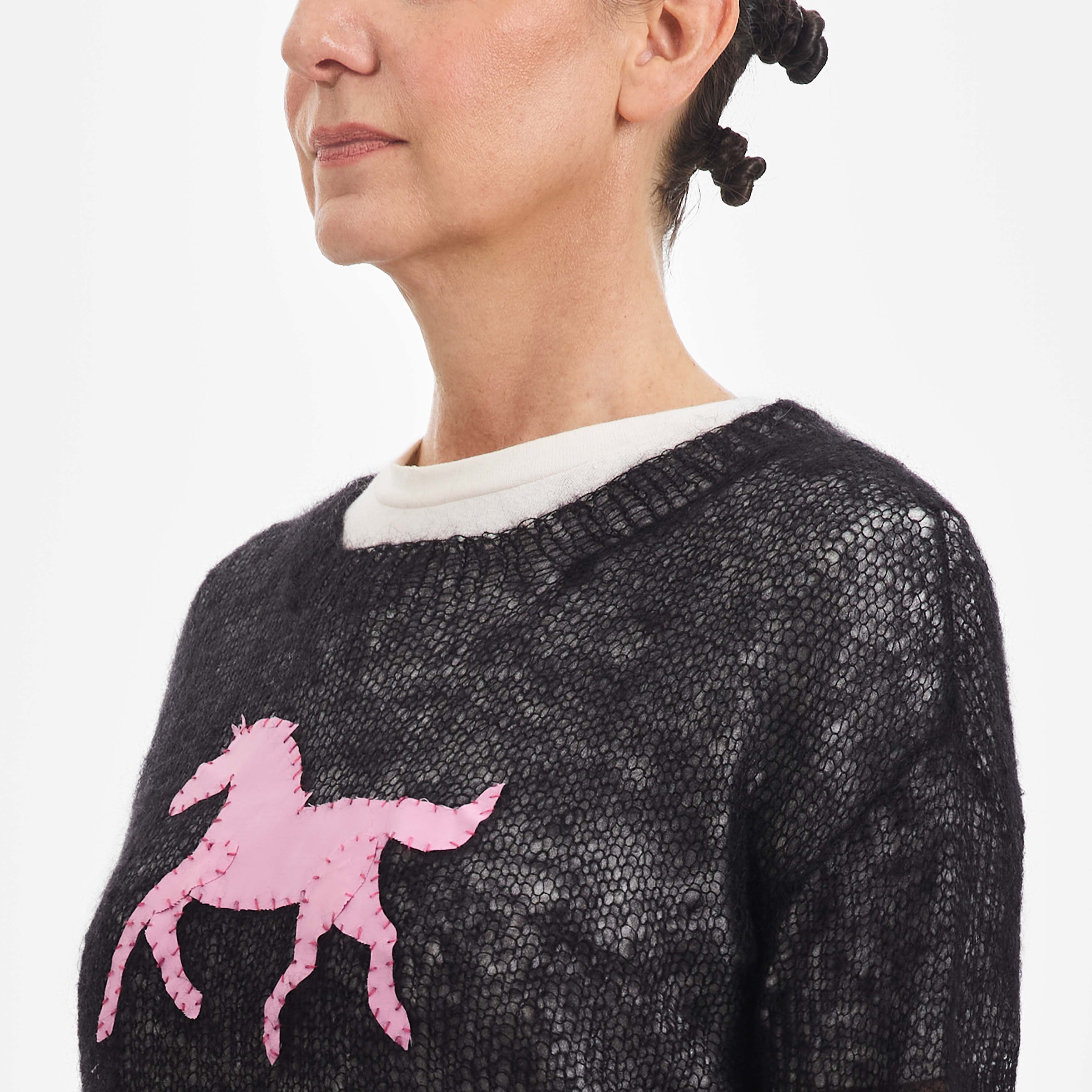 Black Mohair Handknit Pullover with Pink Pony - Paz Lifestyle 