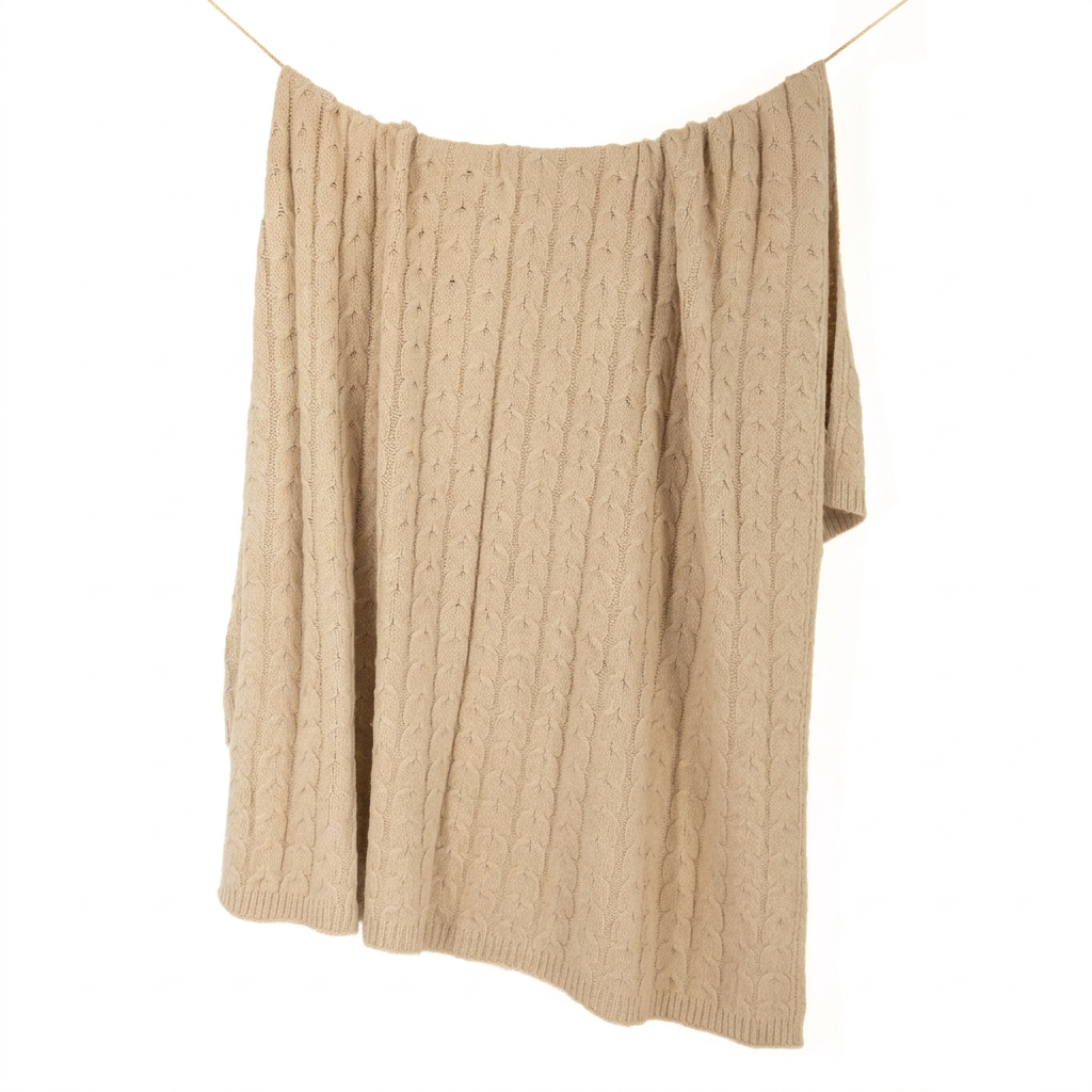 Hand-Finished Undyed Baby Alpaca & Peruvian Pima Cotton Cable Knit Throw Blanket | Light Tan | Muru Collection