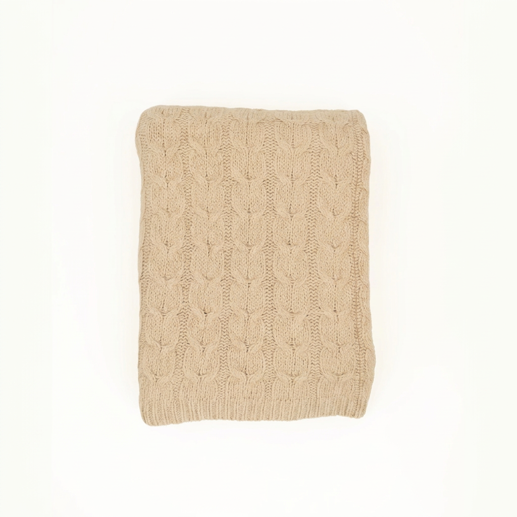 Hand-Finished Undyed Baby Alpaca & Peruvian Pima Cotton Cable Knit Throw Blanket | Light Tan | Muru Collection