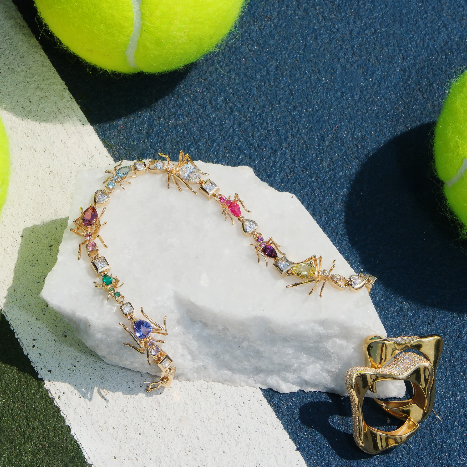 Ant Tennis Bracelet Yellow Gold and Colored Gemstones