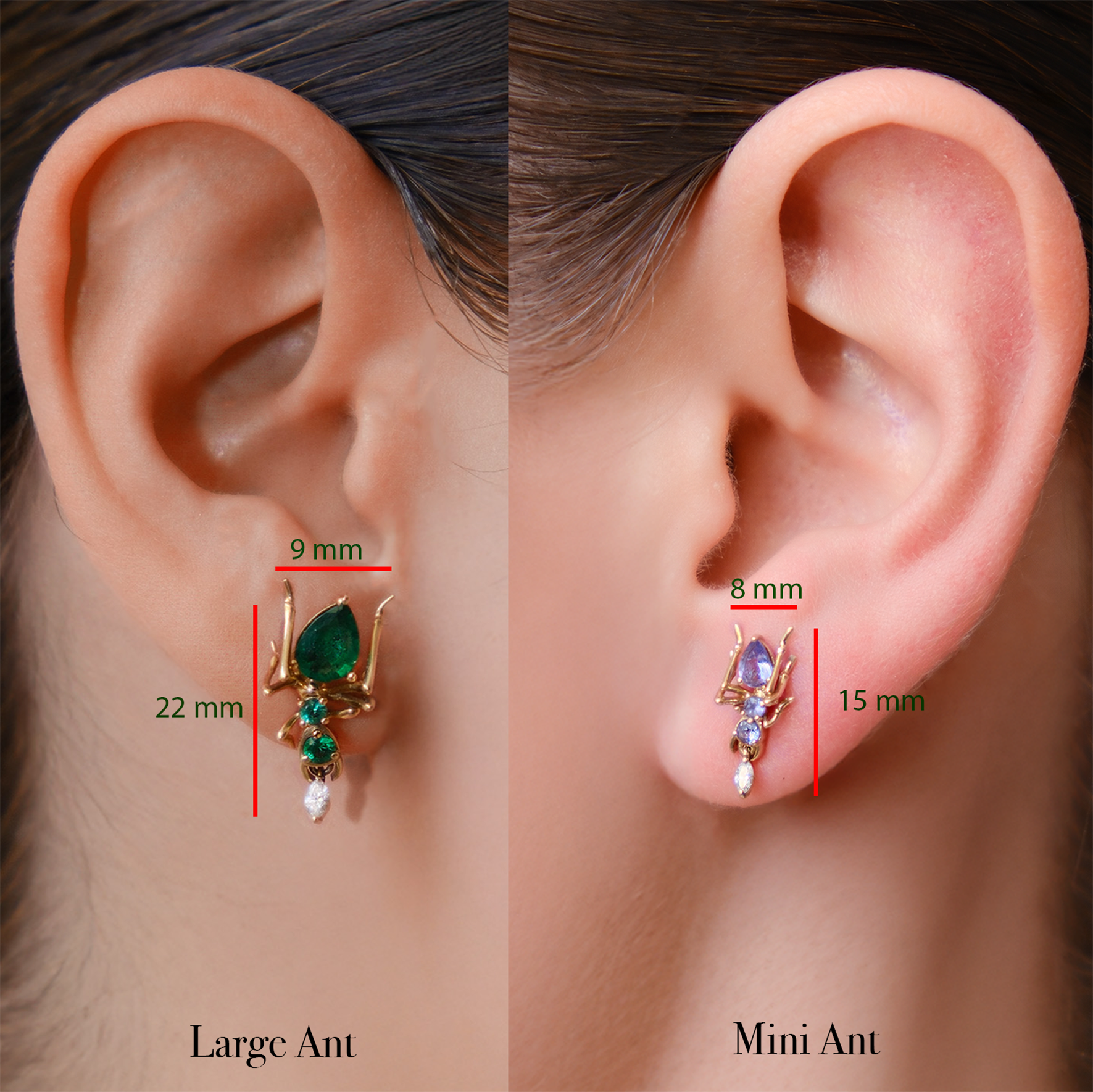 Kokoro Stud Earring Yellow Gold and Green Emeralds