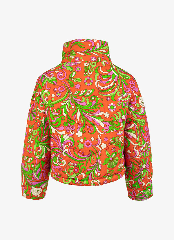 Cropped Cotton Quilted Jacket - Red Orange Psychedelic Floral