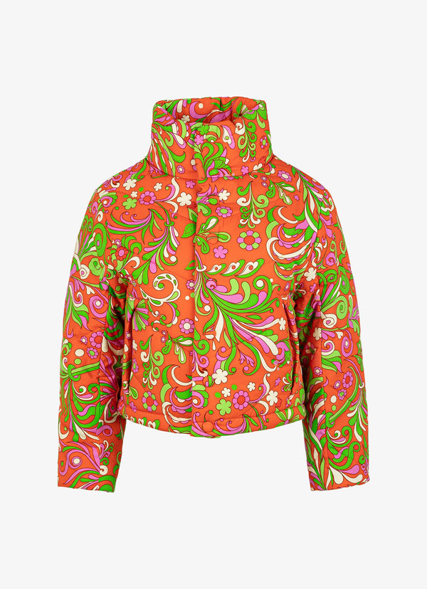 Cropped Cotton Quilted Jacket - Red Orange Psychedelic Floral