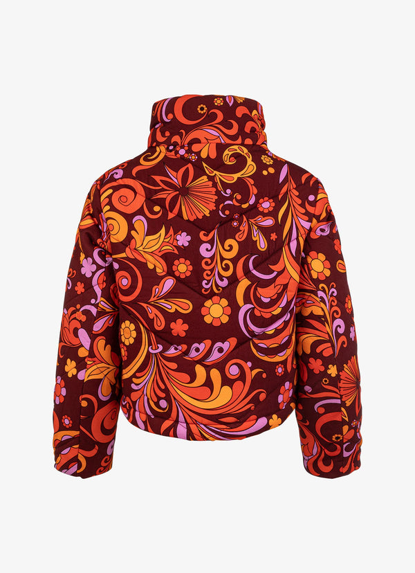Cropped Cotton Quilted Jacket - Wine Psychedelic Floral