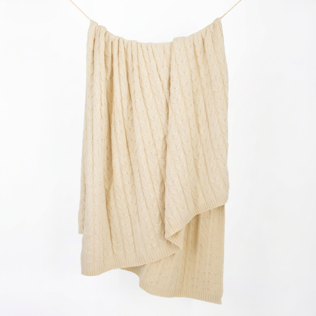 Hand-Finished Undyed Baby Alpaca & Peruvian Pima Cotton Cable Knit Throw Blanket | Ivory | Muru Collection