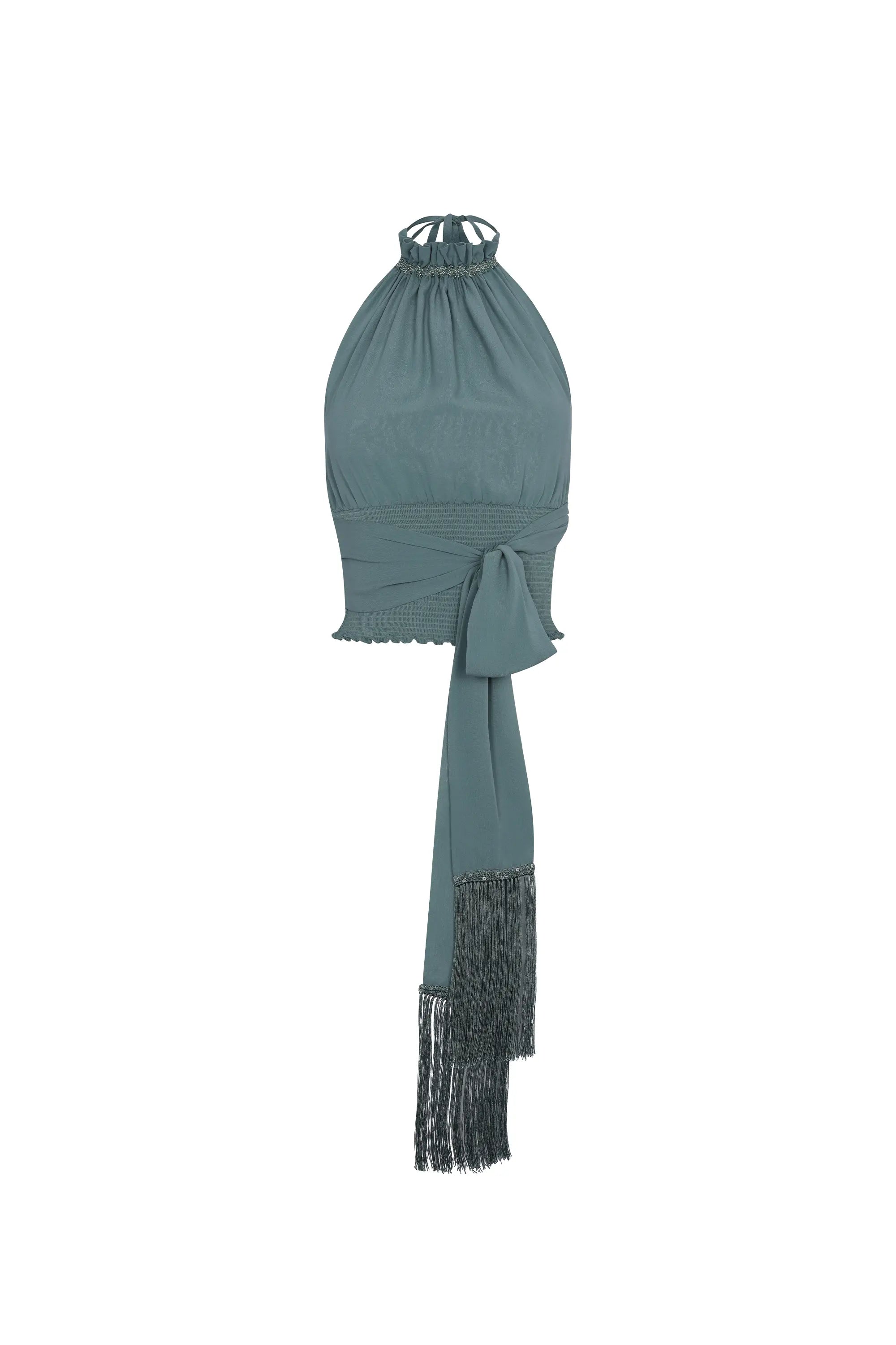 Izenia Silk Halter Top with Beaded Detail | Dark Green
