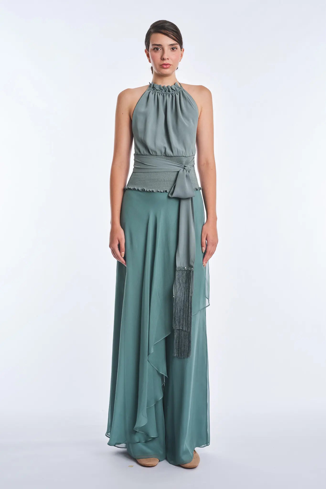 Izenia Silk Halter Top with Beaded Detail | Dark Green