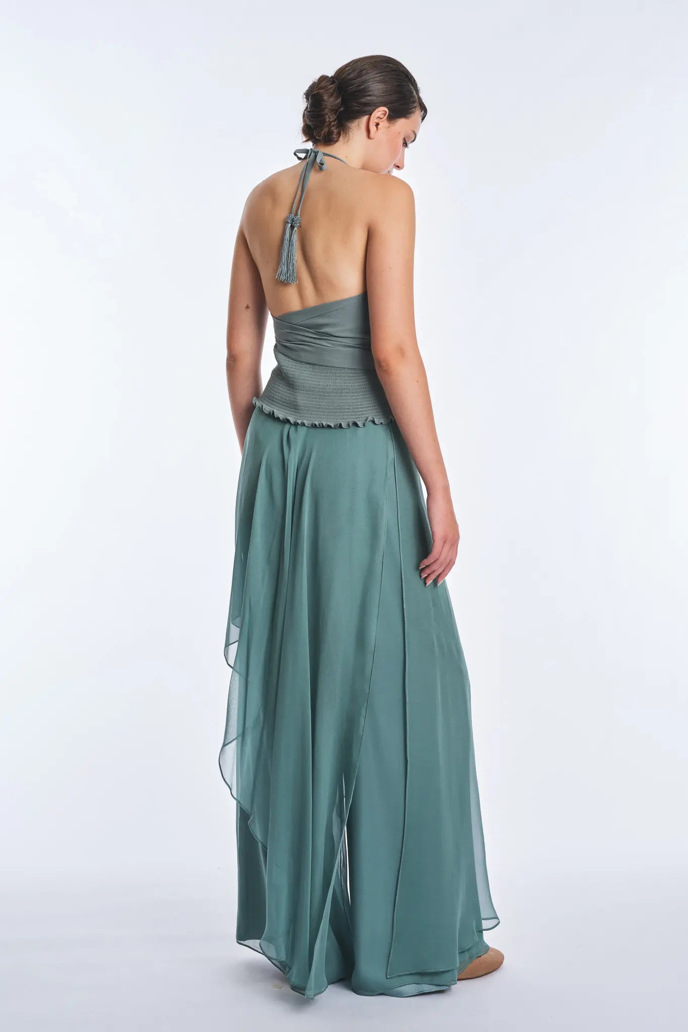 Izenia Silk Halter Top with Beaded Detail | Dark Green