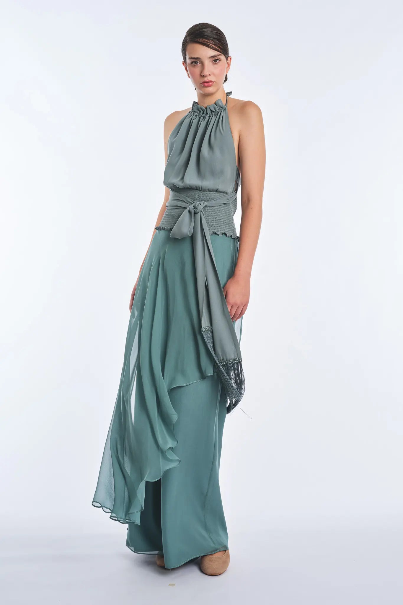 Izenia Silk Halter Top with Beaded Detail | Dark Green