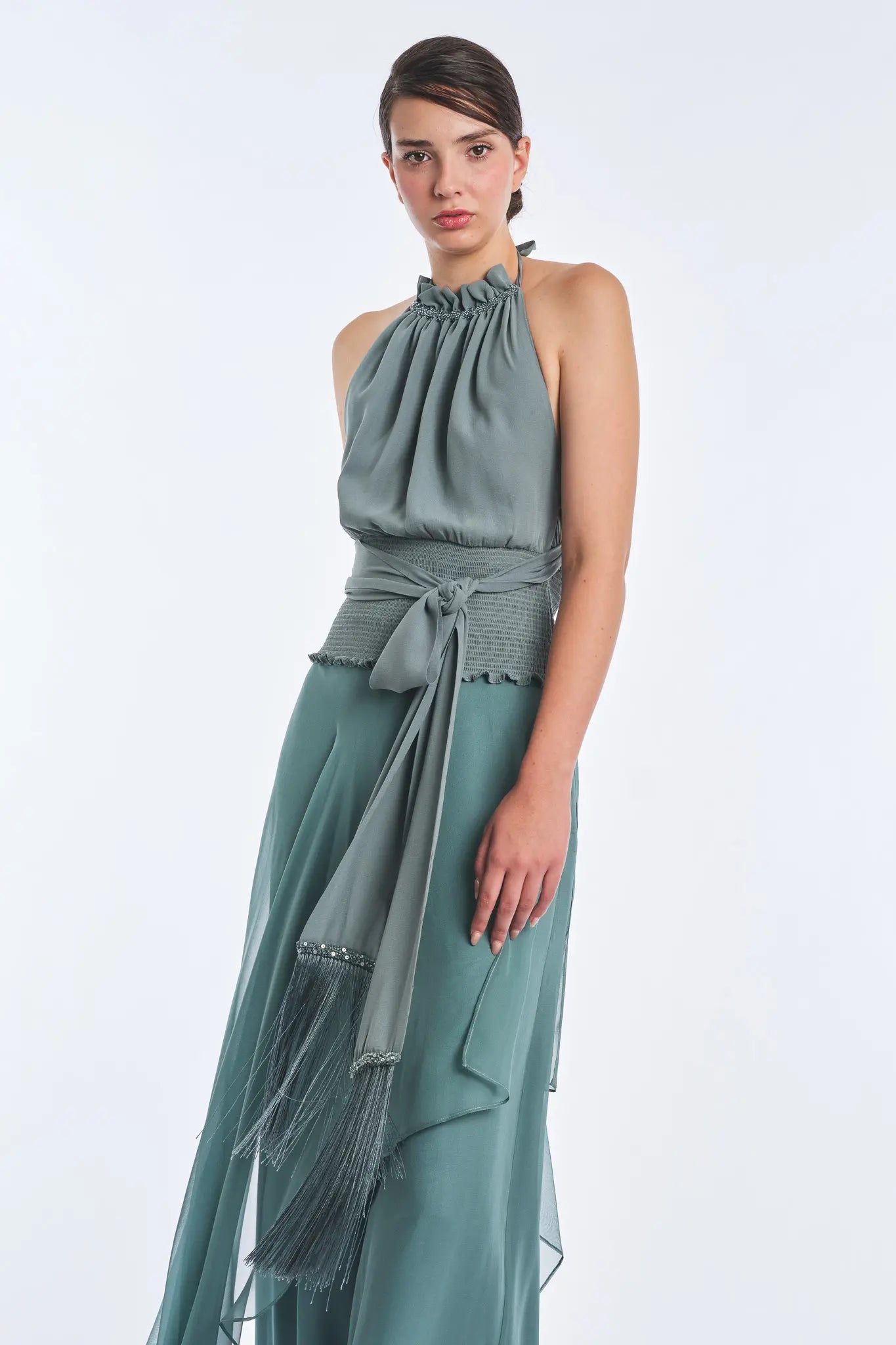 Izenia Silk Halter Top with Beaded Detail | Dark Green
