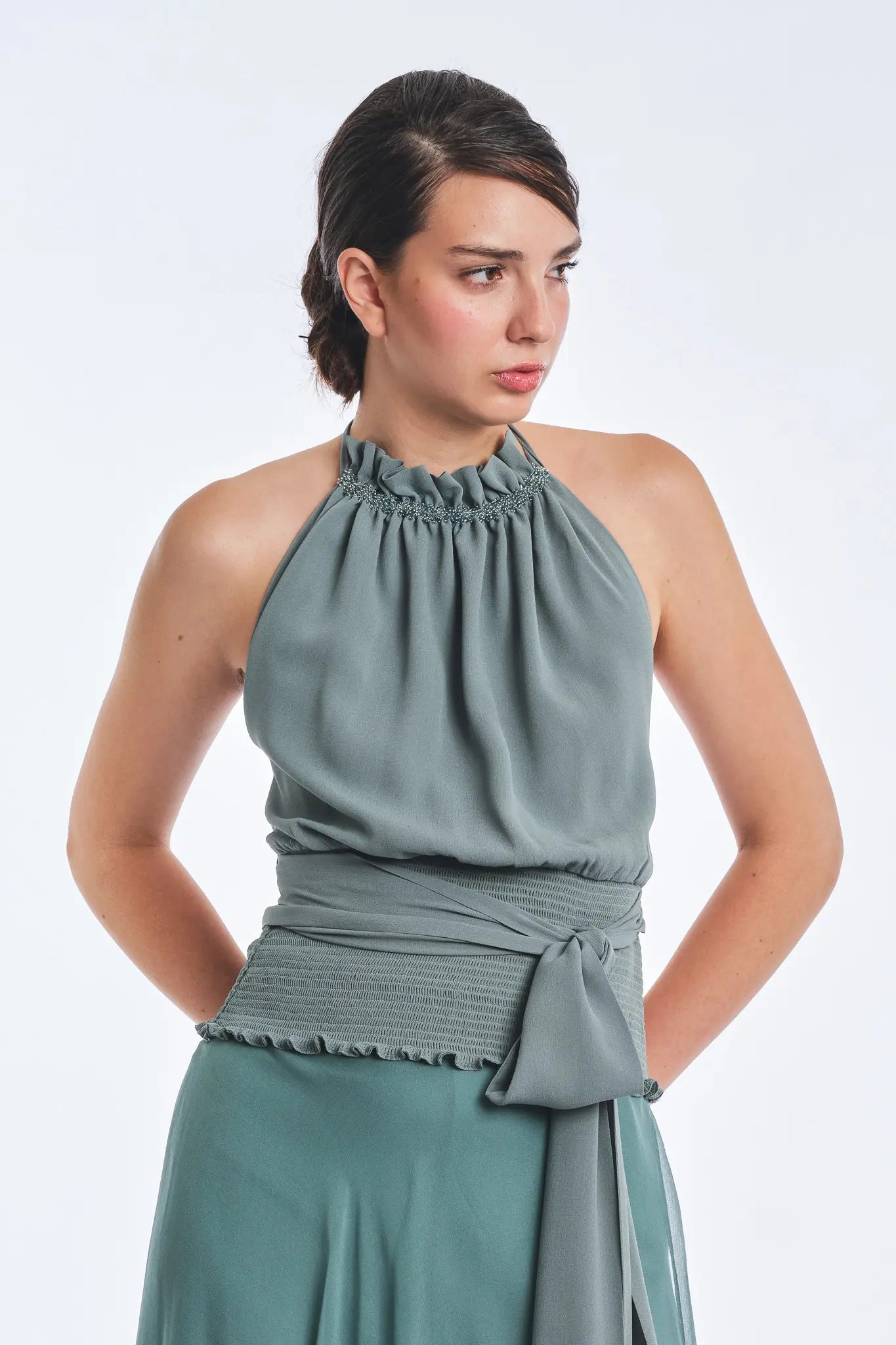 Izenia Silk Halter Top with Beaded Detail | Dark Green