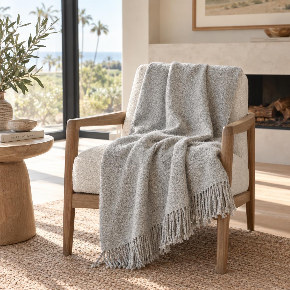 Handloomed Undyed Baby Alpaca & Peruvian Pima Cotton Throw Blanket | Silver | Kulsi Collection