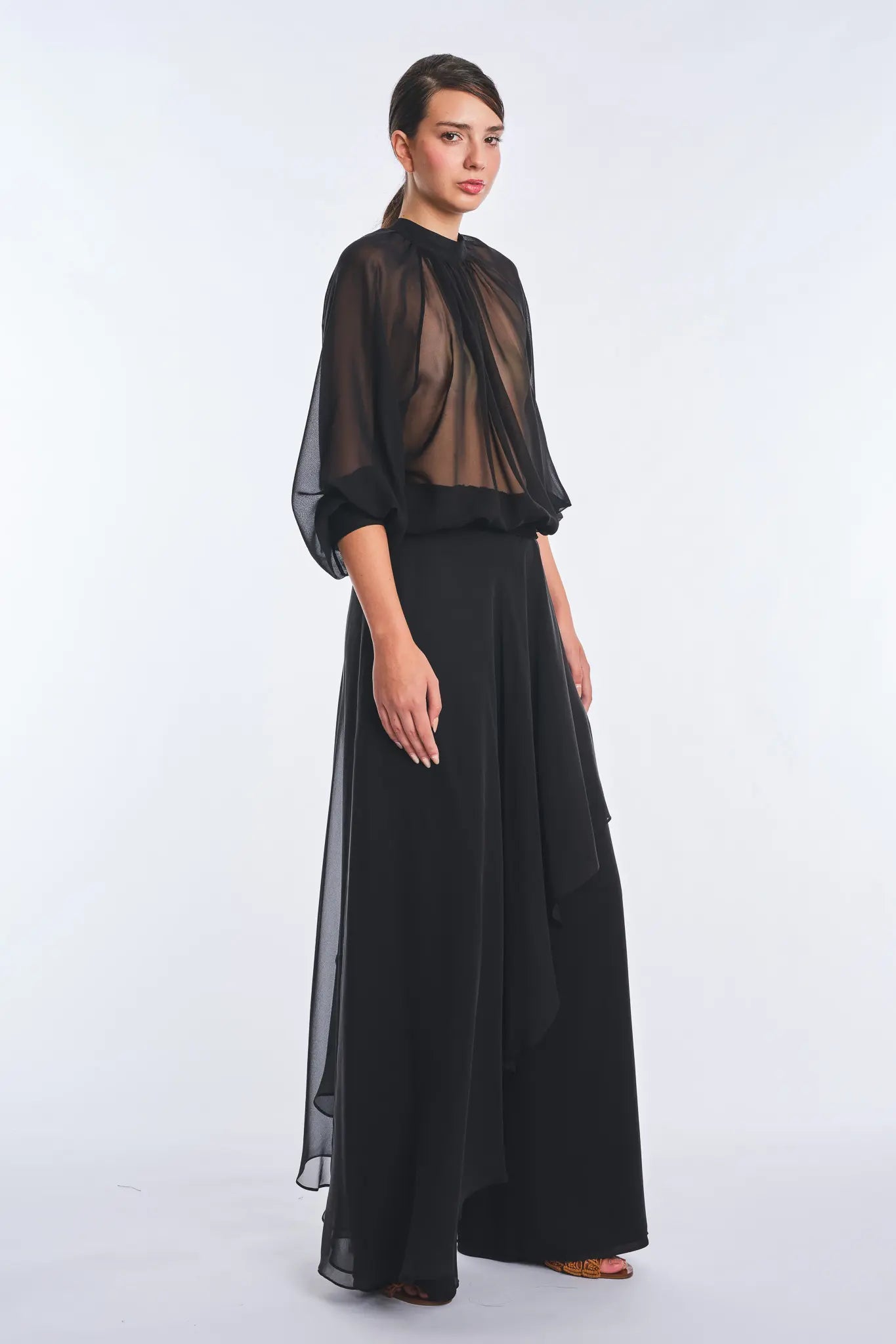Monica Sheer Silk Blouse with High Neck | Black